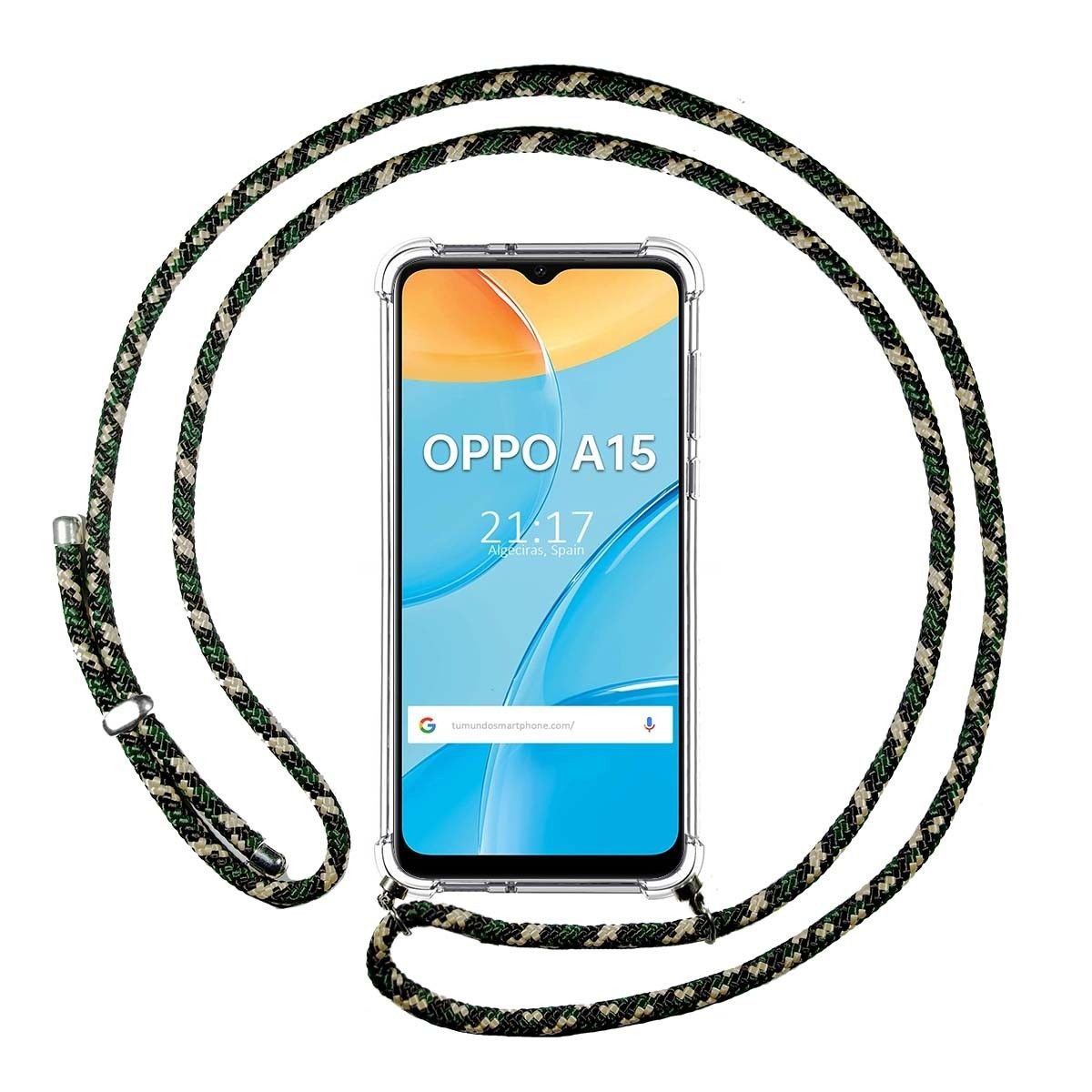 Tumundosmartphone Funda Colgante Transparente para Oppo A15 con Cordon Verde / Dorado