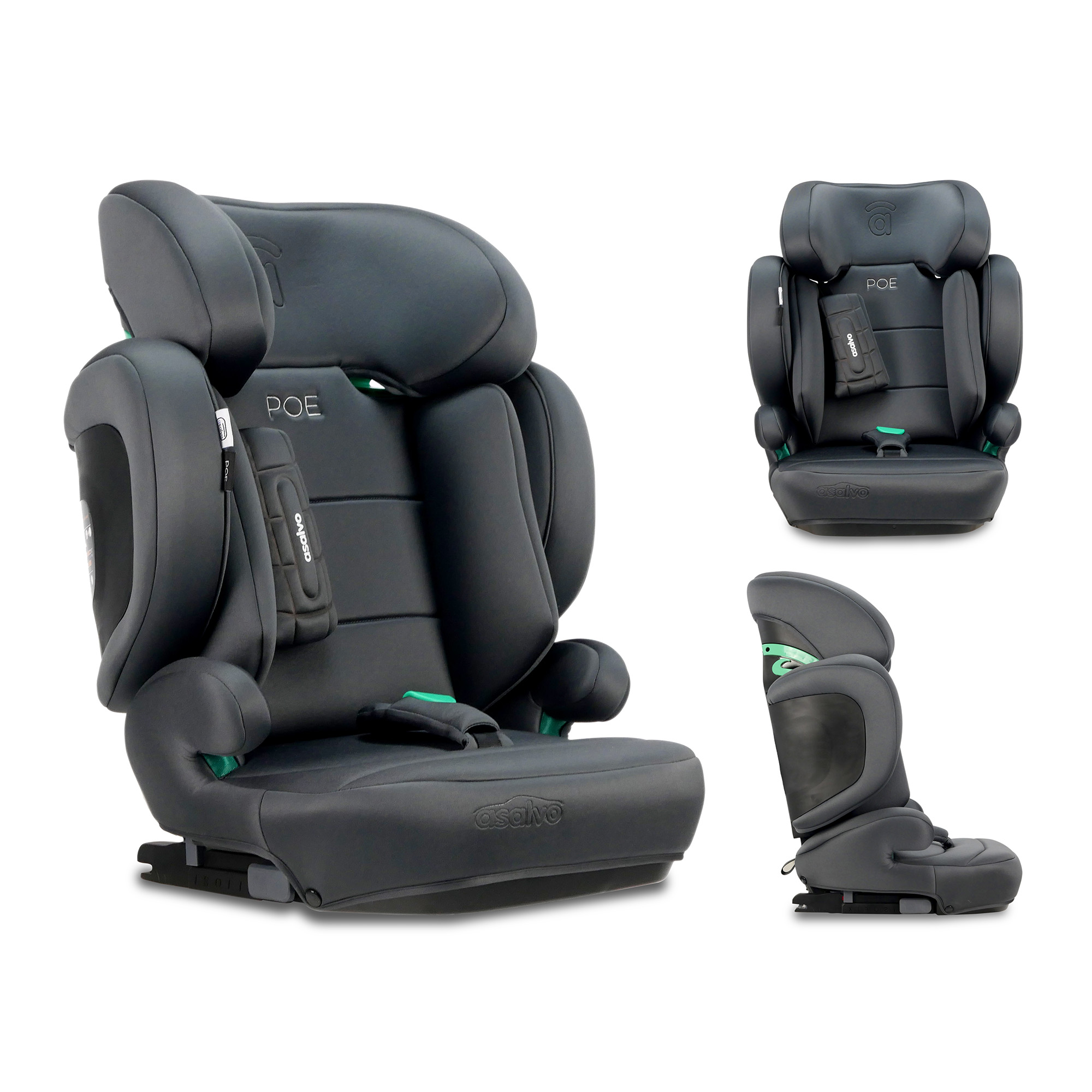 Asalvo Silla de Auto Poe Fix i‑Size 100‑150 cm – Isofix, Respaldo Reclinado 15º, Ruedas Pivotantes, Reposacabezas Ajustable y Textil Lavable