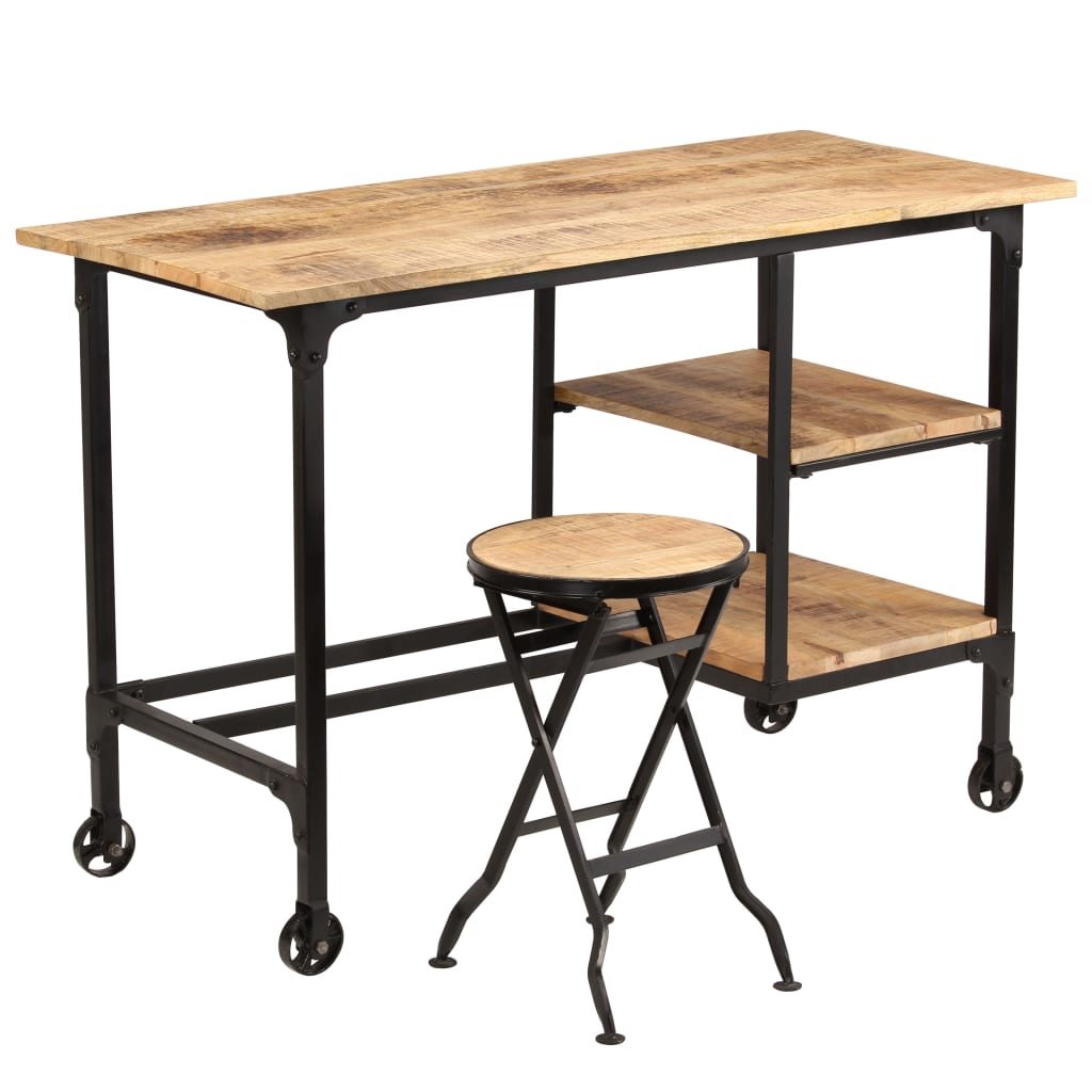 vidaXL Escritorio y taburete plegable madera maciza mango 115x50x76