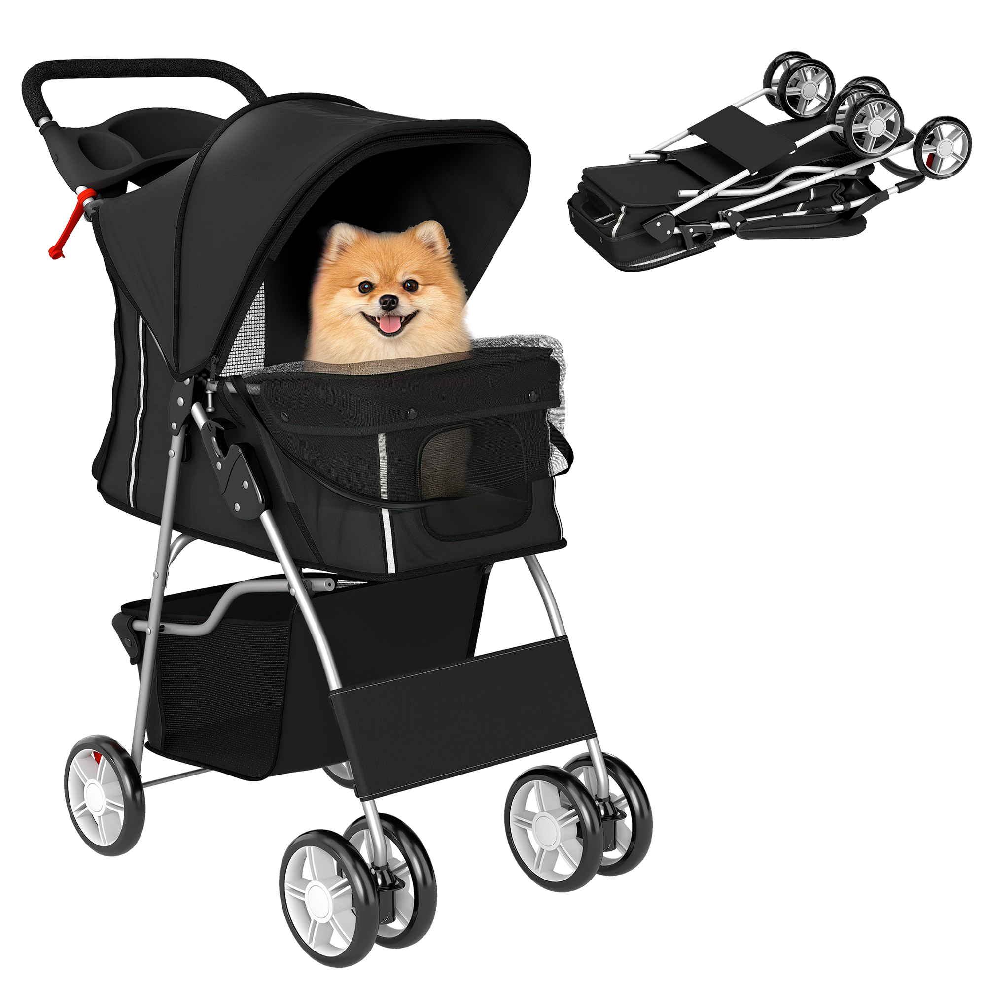 PawHut Carrito para Perros Gatos Plegable hasta 10 kg, Cochecito para Perros Pequeños con Ruedas de EVA y Frenos, Cesta de Almacenaje, Ventanas de Malla, Portavasos, Cojín Lavable, 77x44x102 cm, Negro