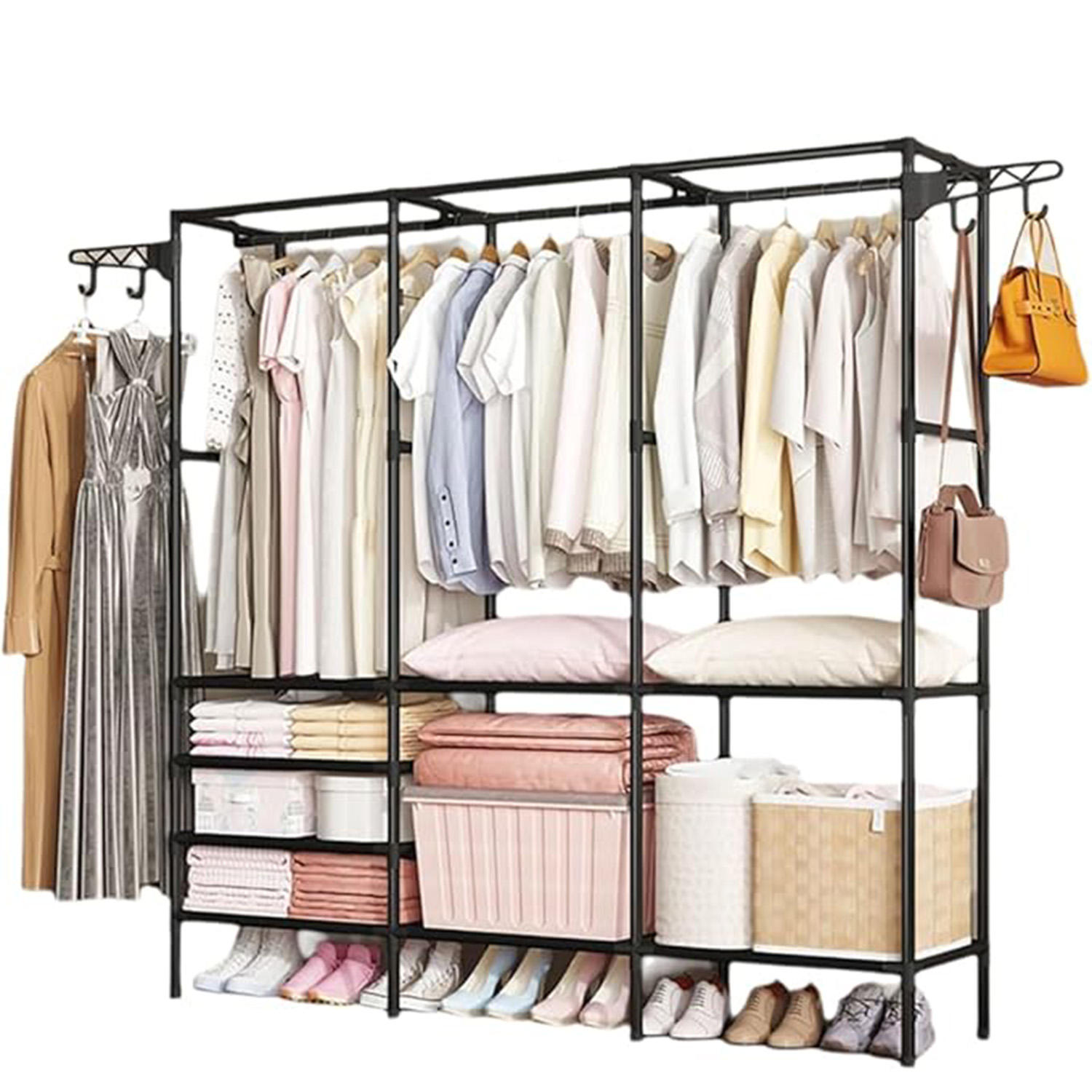 DECODEKO Perchero de armario independiente multifuncional para el hogar, estante de ropa de gran capacidad, diseño moderno y simple de ensamblar, almacenamiento de ropa 160*36*170cm en color negro, armario con ganchos laterales.