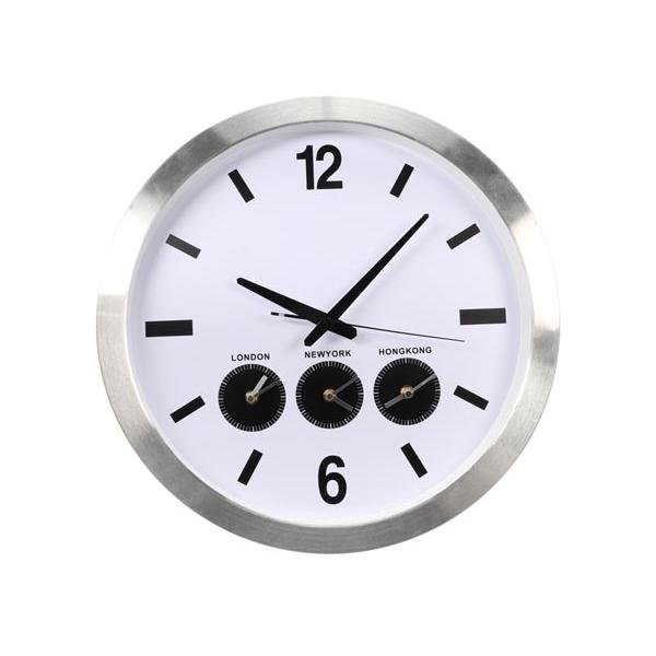 Perel Aluminum Wall Clock with 3 Time Zones, 45.5 cm, DCF controlled for automatic time change, perfect kitchen clock for any space, features a large wall clock design suitable for various interiors.