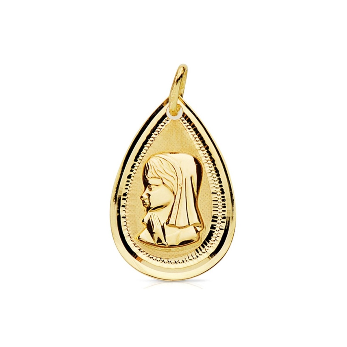 Medalla oro 18k Virgen Niña 20mm. forma lágrima detalle bisel