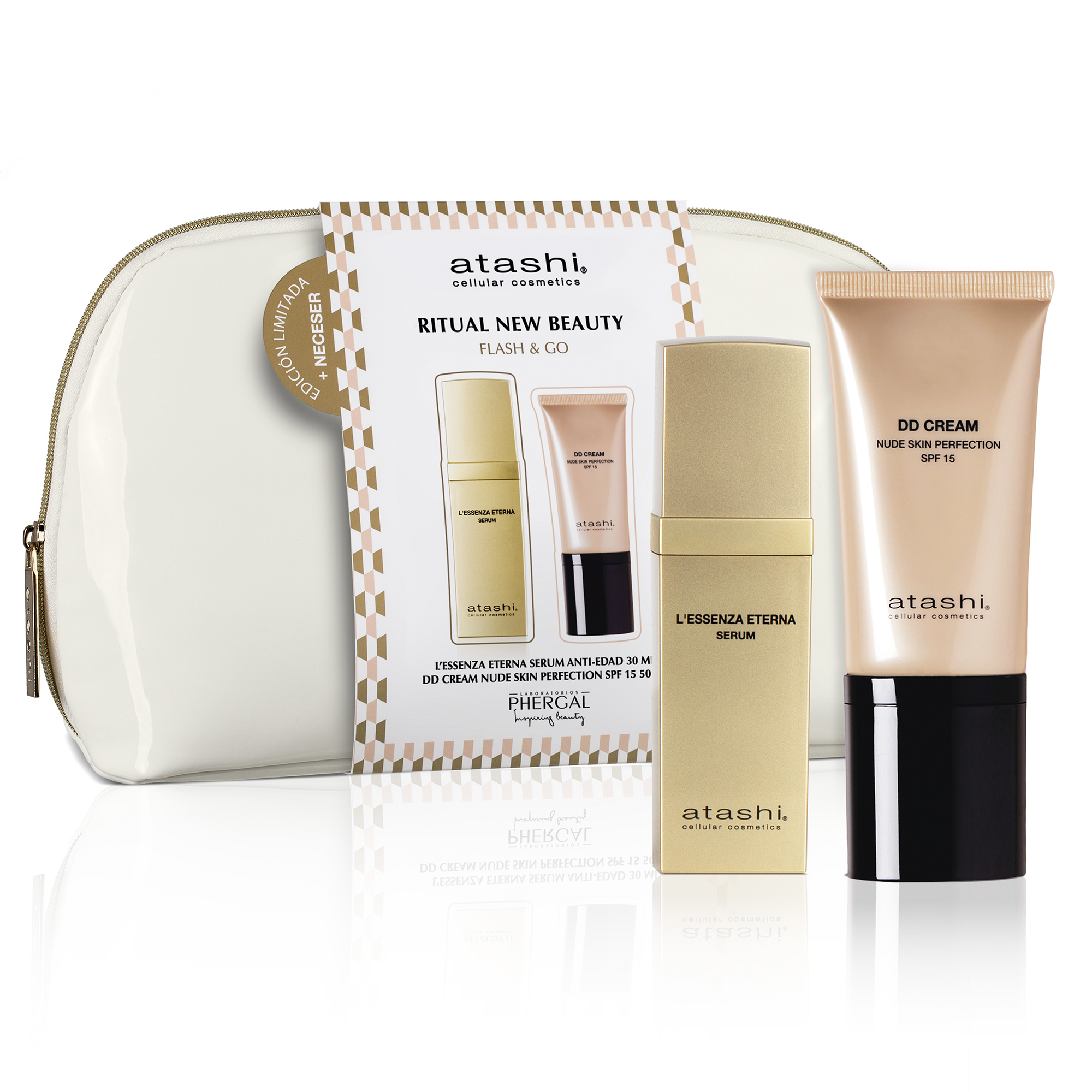 Atashi Cofre Ritual New Beauty | Sérum Antiedad L'Essenza Eterna, 30 ml + DD Cream Tono Medio, 50 ml + Neceser de Charol Blanco | Rejuvenece y Perfecciona Tu Piel