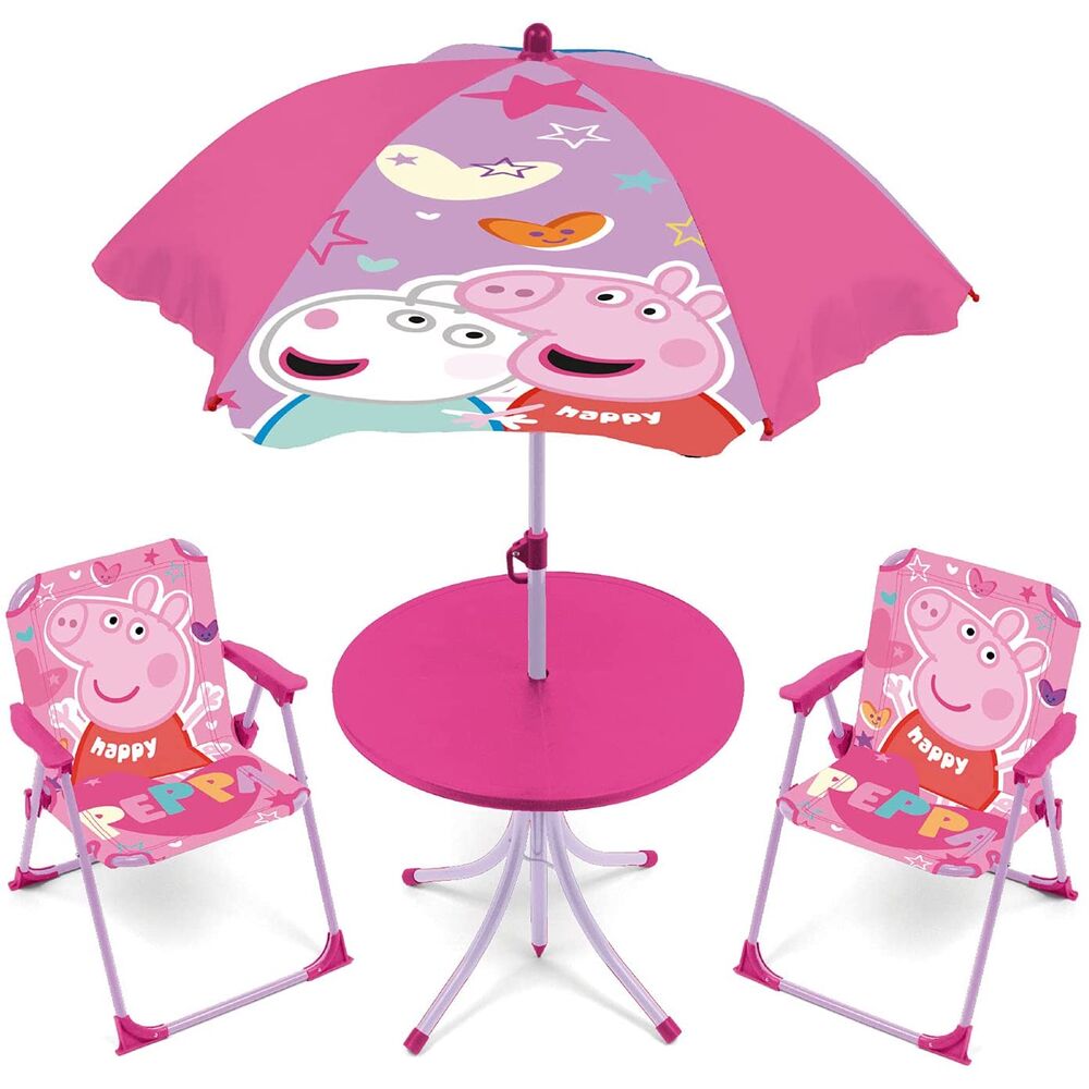 Arditex Set Mesa Sombrilla Sillas Peppa Pig Conjunto de Mesa 50x50x48cm 2 Sillas 38x32x53cm y Sombrilla Diámetro 110cm