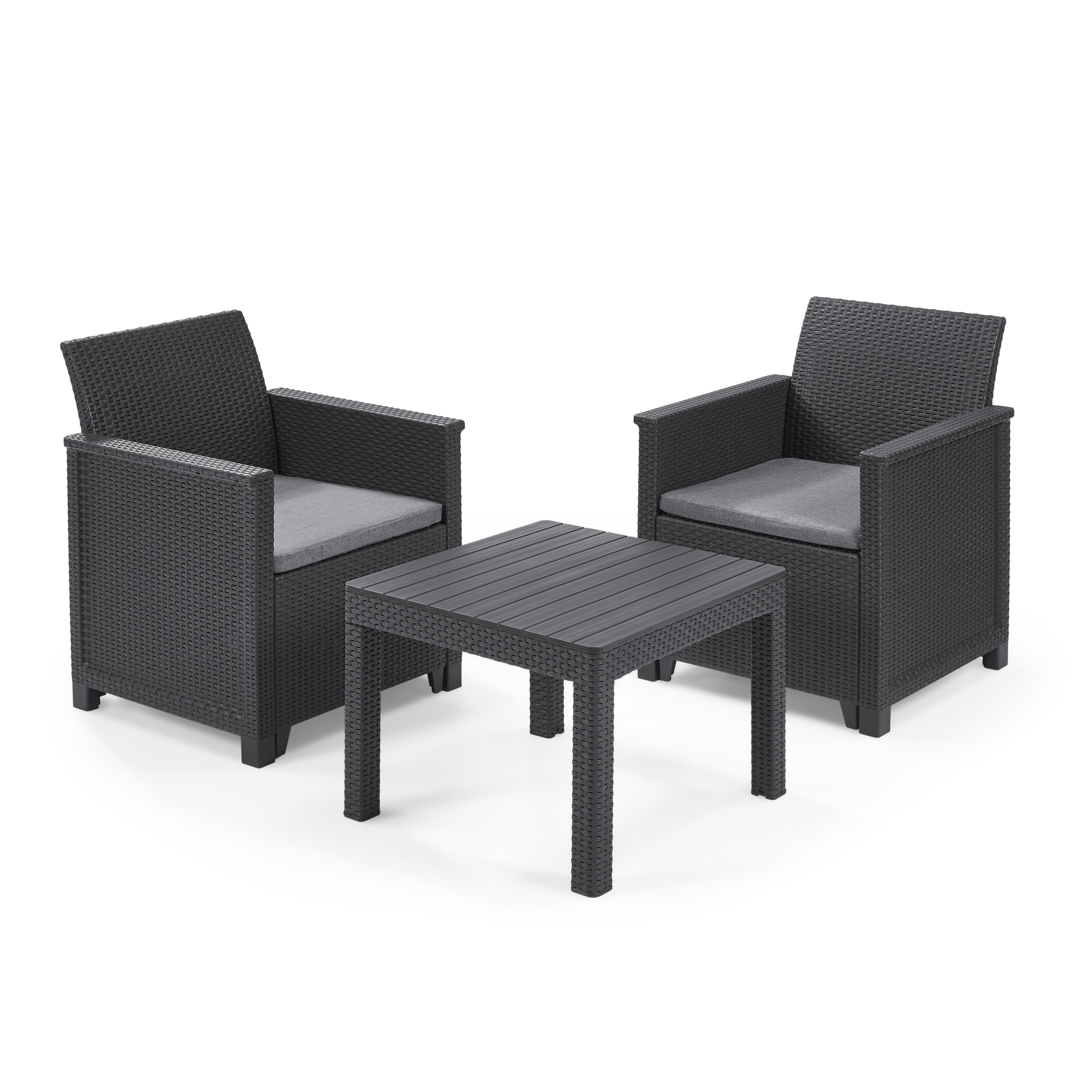 KETER Conjunto de terraza Jardín EMMA cojines grafito Mesa 58,5x58,5x43; Silla/Sillón 63x65x74; Sofá 113x65x74 AnxPxAl cm