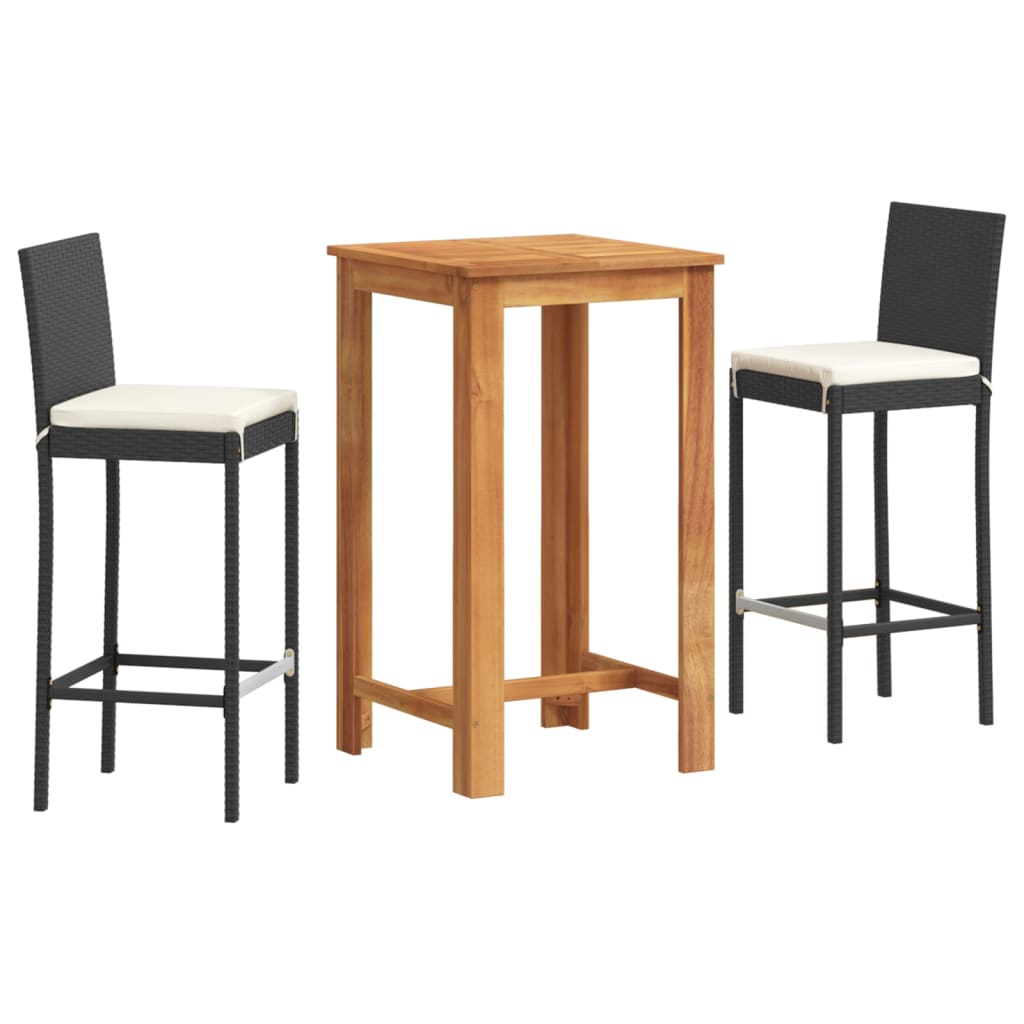 vidaXL Mesa y taburetes de jardín 3 pzas madera acacia ratán PE negro