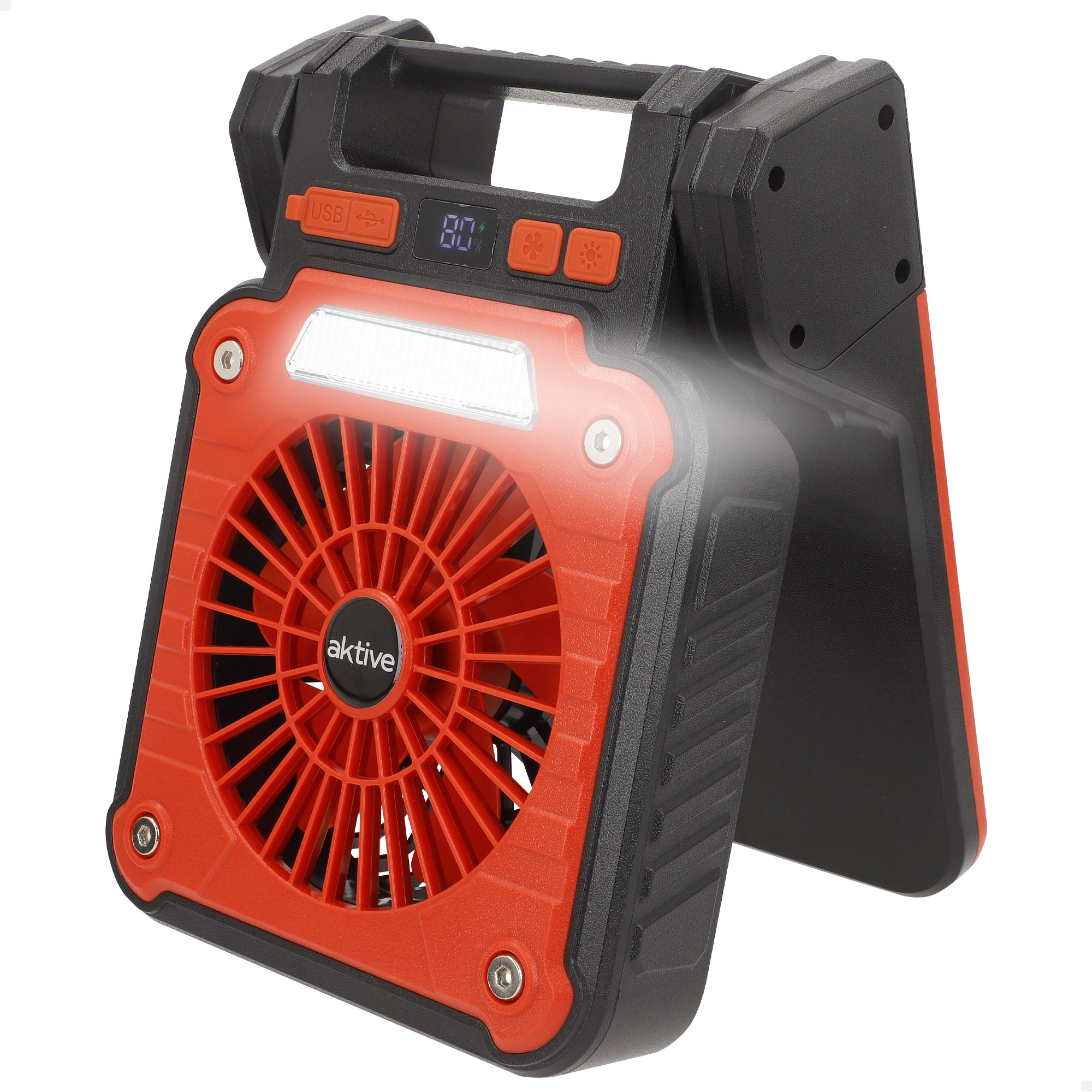 Aktive - Lámpara LED, Luz y ventilador, mide 20x20 cm, 5 modos de luz, 39 LEDs, 70 lúmenes, cable USB incluido, autonomía 5 horas, 4 metros visibilidad, gancho para colgar, cable USB, función powerbank, foco camping, iluminación exterior