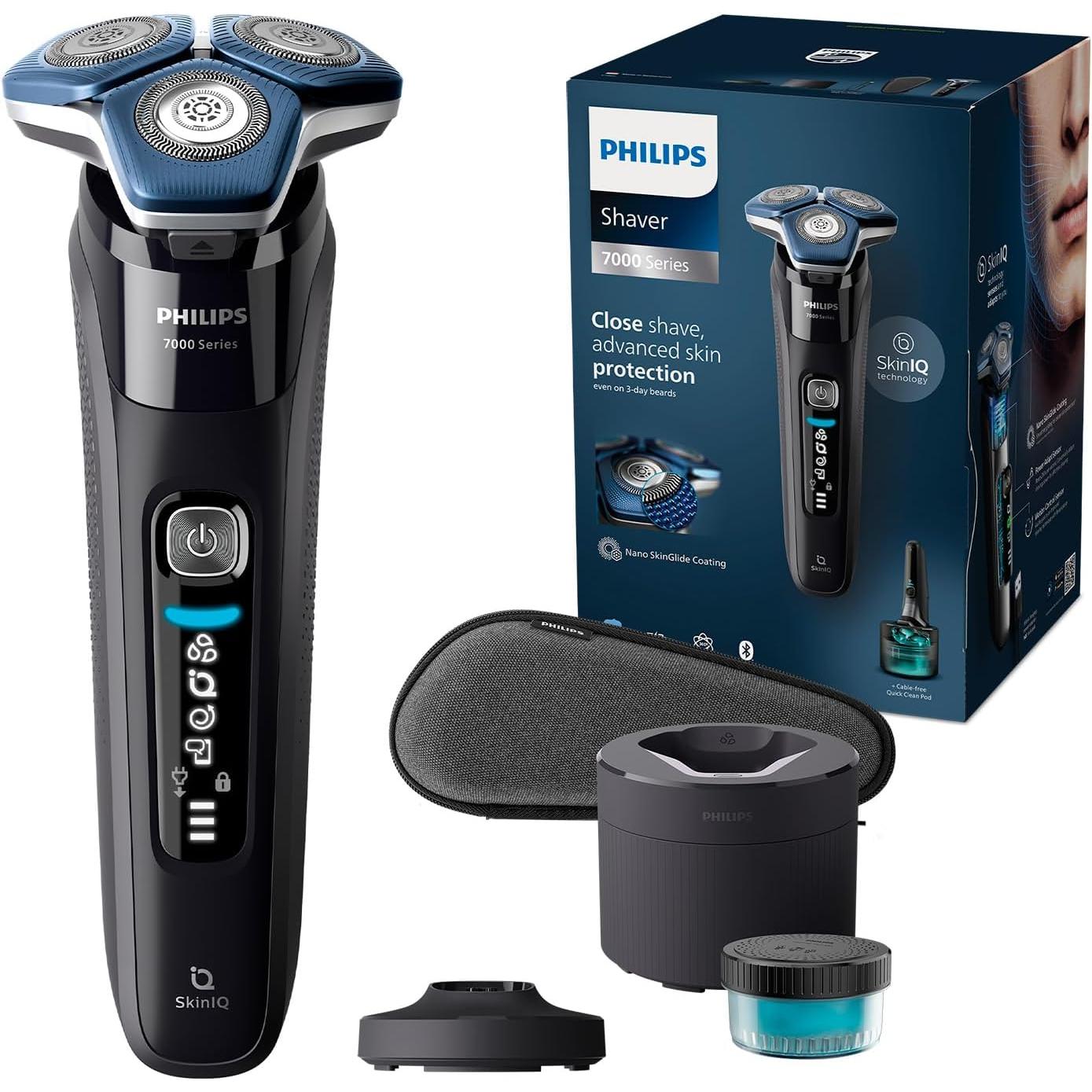 Afeitadora eléctrica Philips Serie 7000, uso en seco y mojado, base de limpieza, estuche y soporte de carga. Disponible con 1 o 4 cartuchos de recambio.
