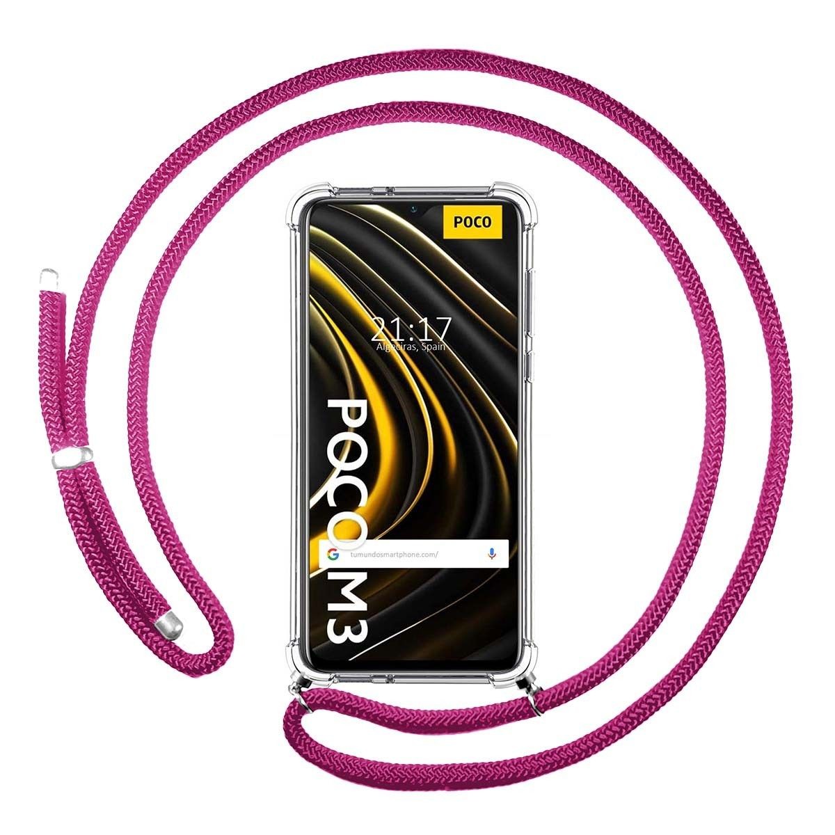Tumundosmartphone Funda Colgante Transparente para Xiaomi POCO M3 / Redmi 9T con Cordon Rosa Fucsia