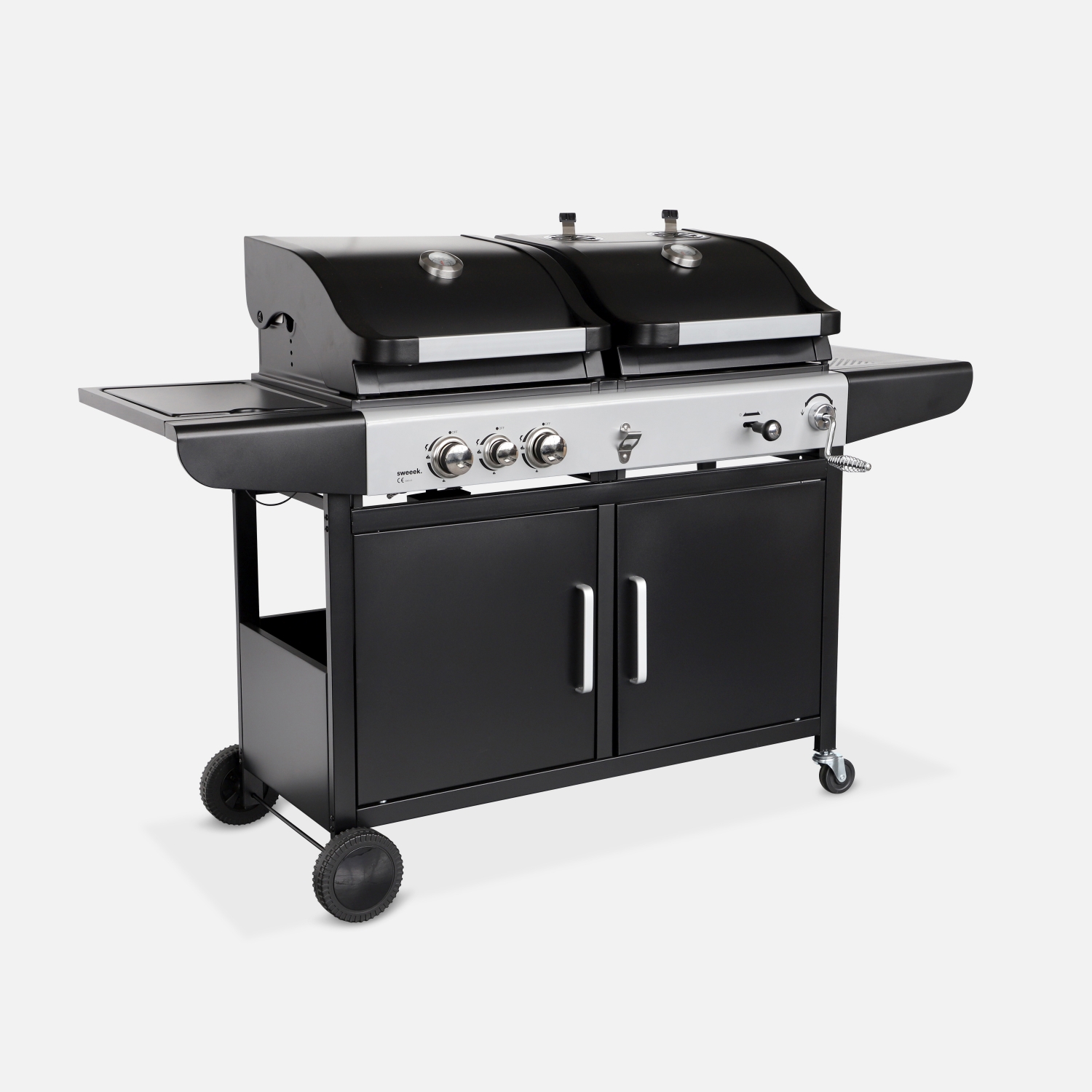 sweeek - Barbacoa de gas 2 en 1, 3 quemadores + 1 fuego lateral Negro - 163.5x75.5x140.5 cm