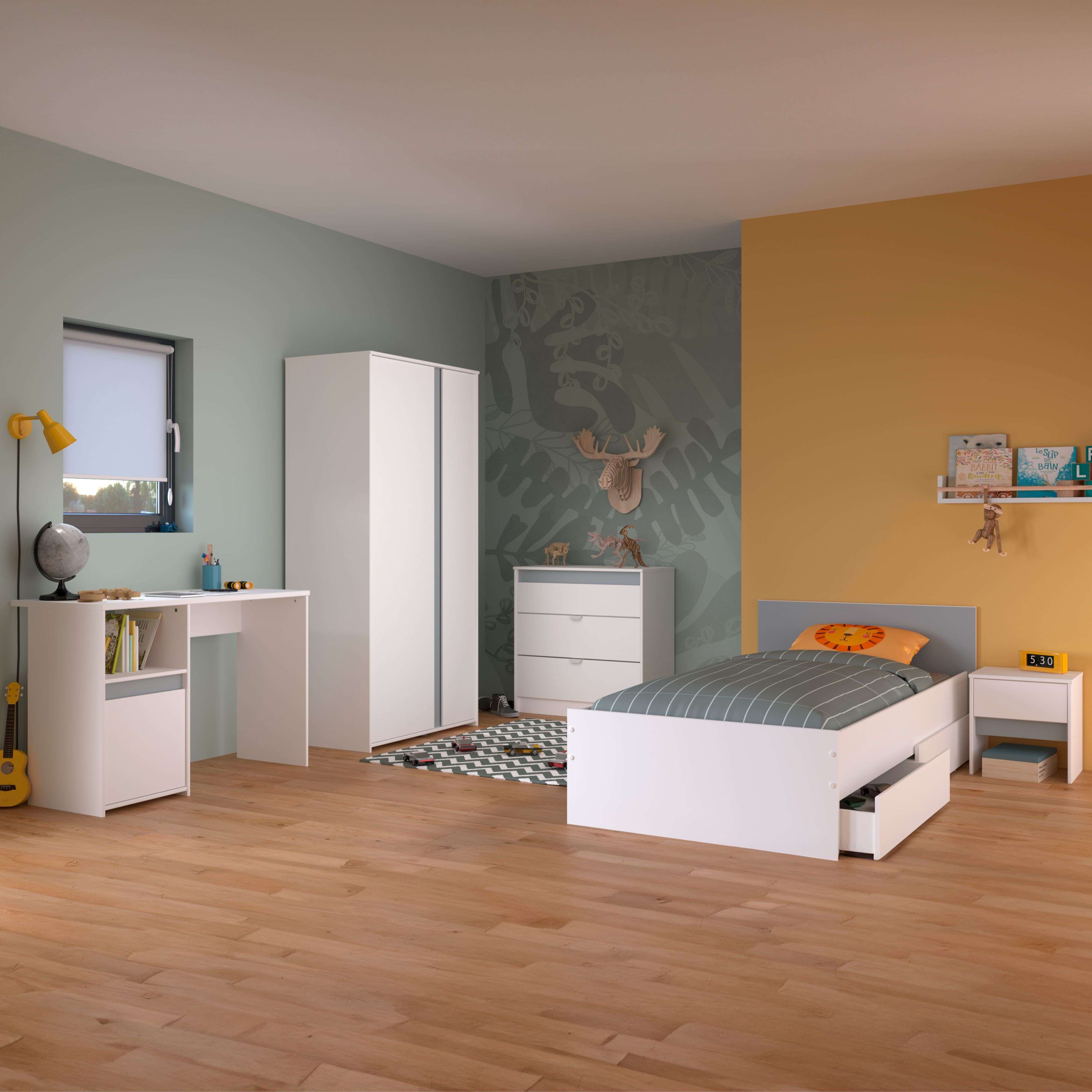 Miroytengo Germain Dormitorio Juvenil Blanco y Gris: Cama y 2 Cajones, Armario 2 Puertas, Escritorio y Cómoda 3 Cajones