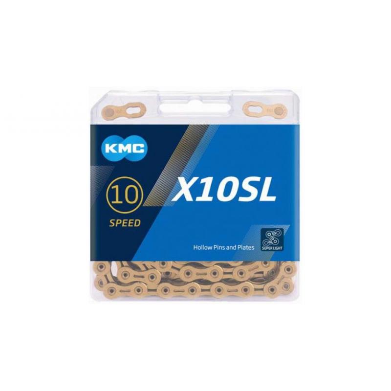 KMC | Cadena X10SL 10v 114 Eslabones  Oro  - Cadena KMC de 10 velocidades X10 SL Ti-N Gold   Terminacion: Titanium Nitride Oro, menos friccion. Durabilidad doble X. Conector rapido MissingLink