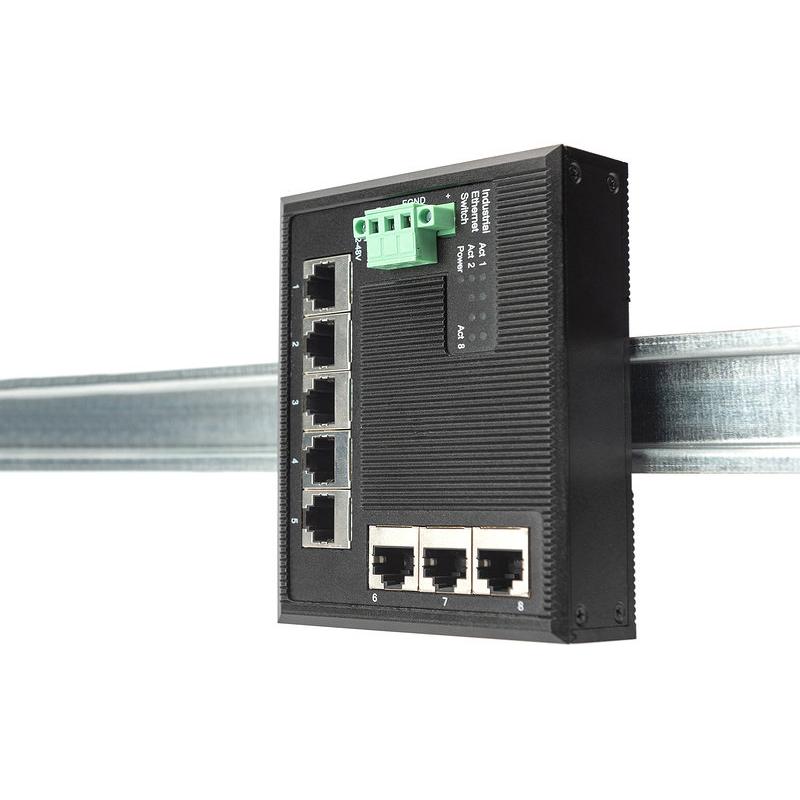 DIGITUS Conmutador de red plano - 8 puertos Gigabit Ethernet - Montaje en carril DIN - Bloque de terminales - Sin ventilador - Negro/Azul