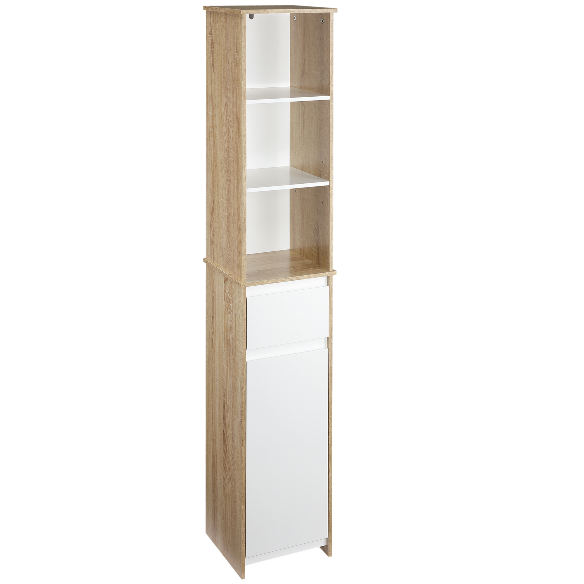 kleankin Armario Alto de Baño Mueble Columna de Baño con 1 Puerta Cajón y 3 Estantes Balda Ajustable para Cocina Salón 32,6x30x171,2 cm Madera Natural y Blanco