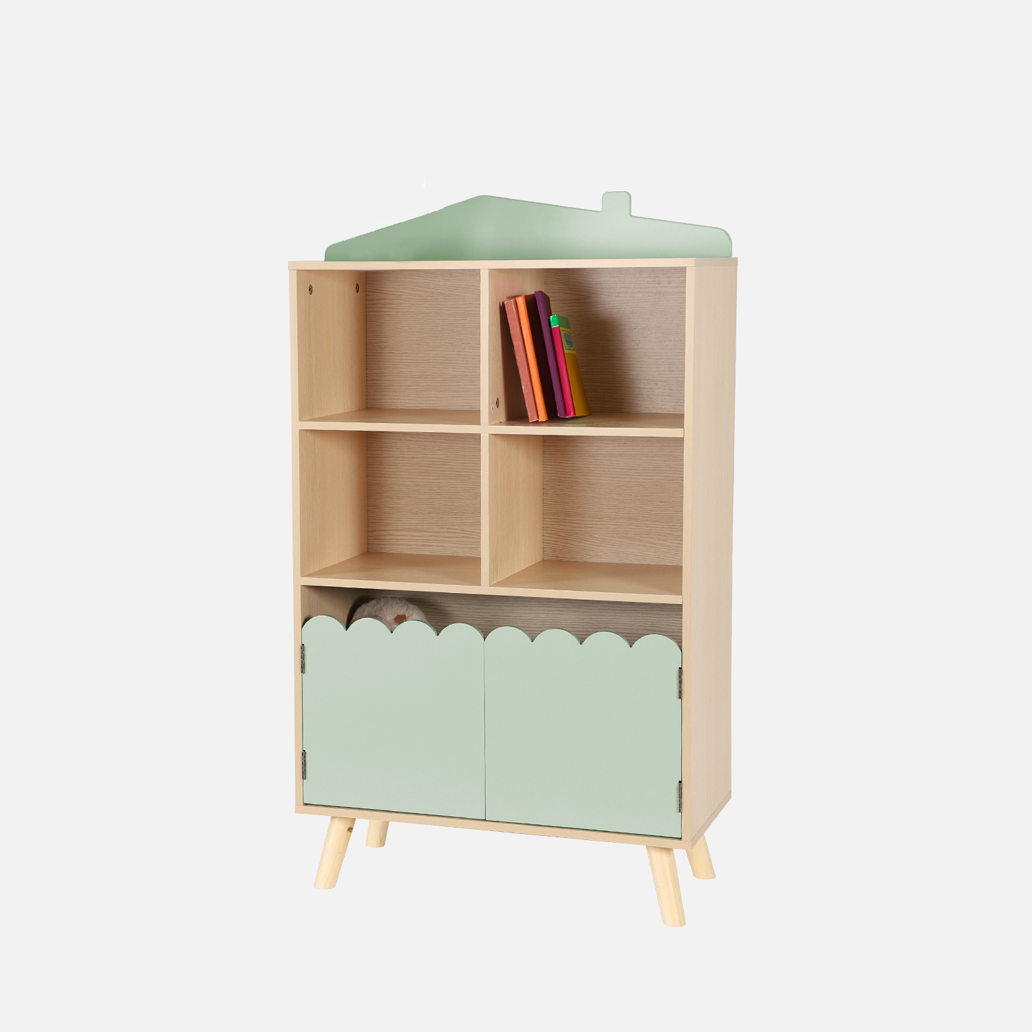 sweeek - Biblioteca infantil madera de pino 2 puertas 4 estantes , Azur , 60x30x104