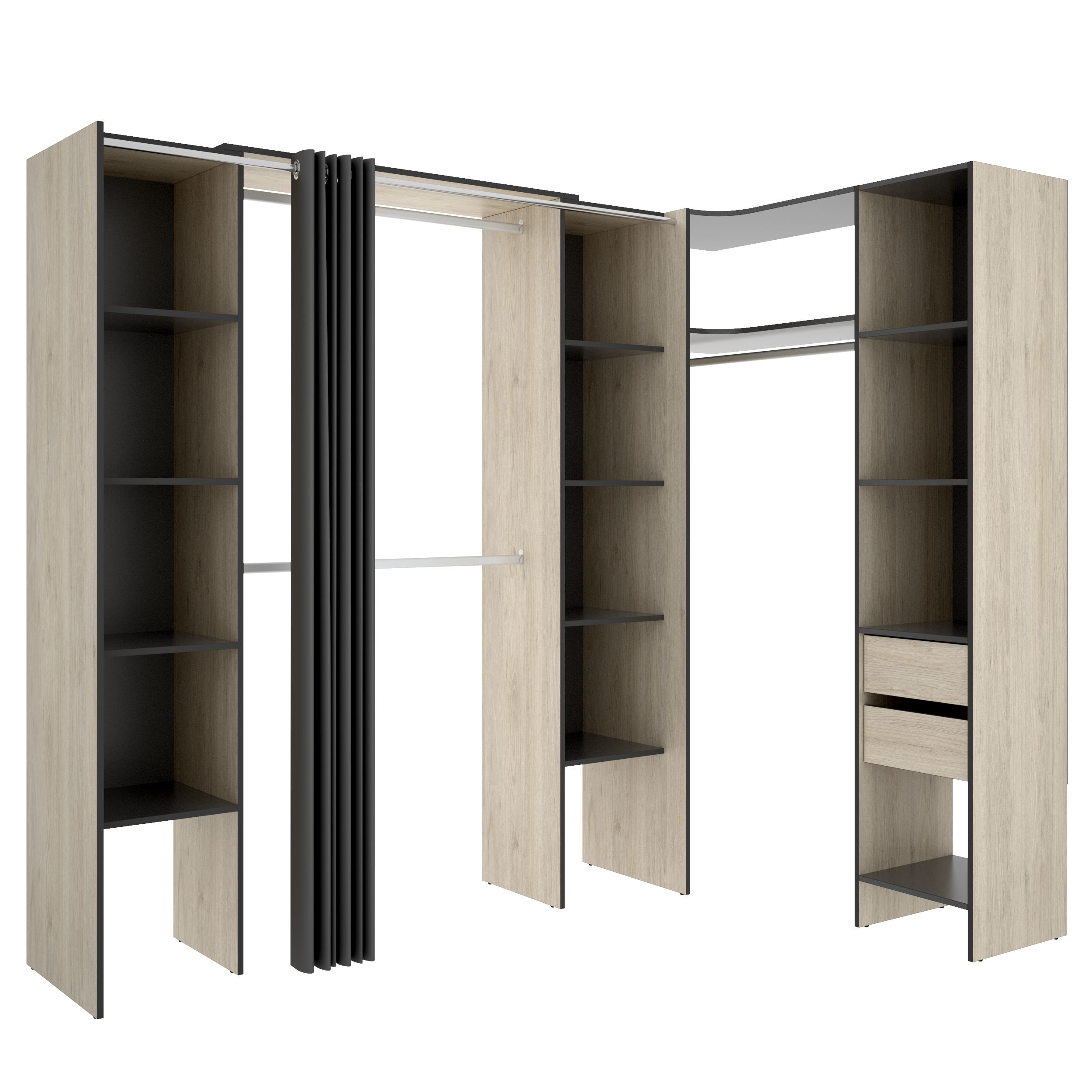 DEKIT - COMPOSICION VESTIDOR RINCONERO ADAPTABLE Y CON CORTINA - 205 x 164/234 x 141 cm - NATURAL / GRAFITO