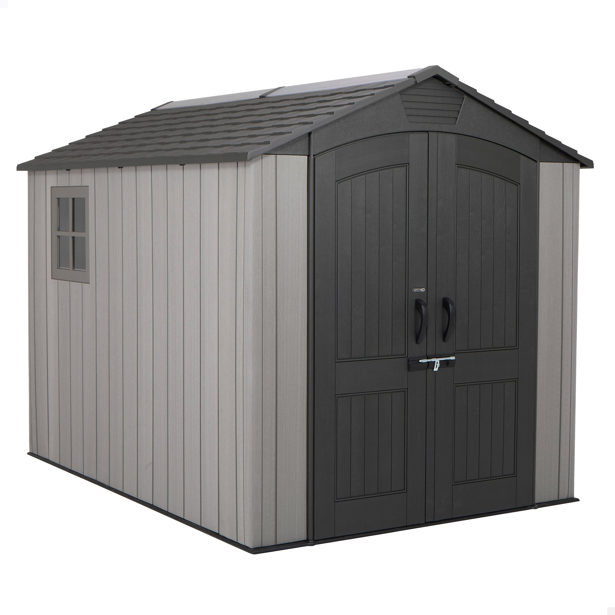 Lifetime - Caseta de jardín 5,9 m², suelo antideslizante, fabricada de polietileno HDPE, 2 ventanas, estantes incluidos, tejado inclinado, doble puerta con cerradura (candado no incluido), ideal para herramientas y almacenaje exterior