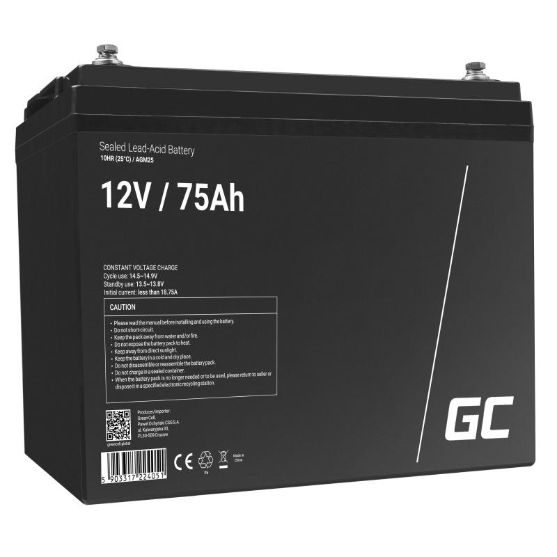 Batería sellada Green Cell AGM25 de 12 V y 75 Ah, color negro - Vida útil prolongada