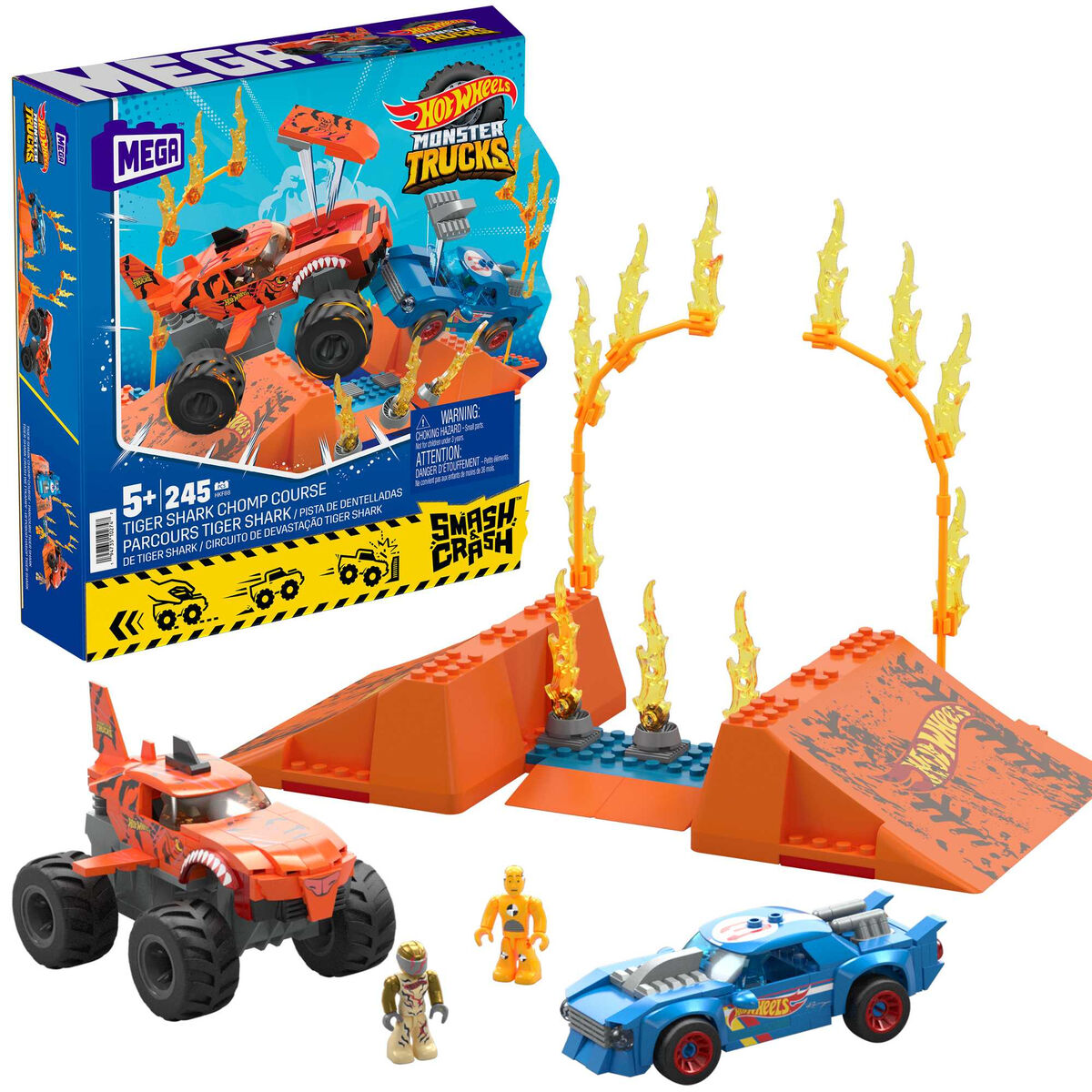 Mattel Mega Hot Wheels Smash & Crash Tiger Shark Chomp Course - Kit de Construcción 245 Piezas