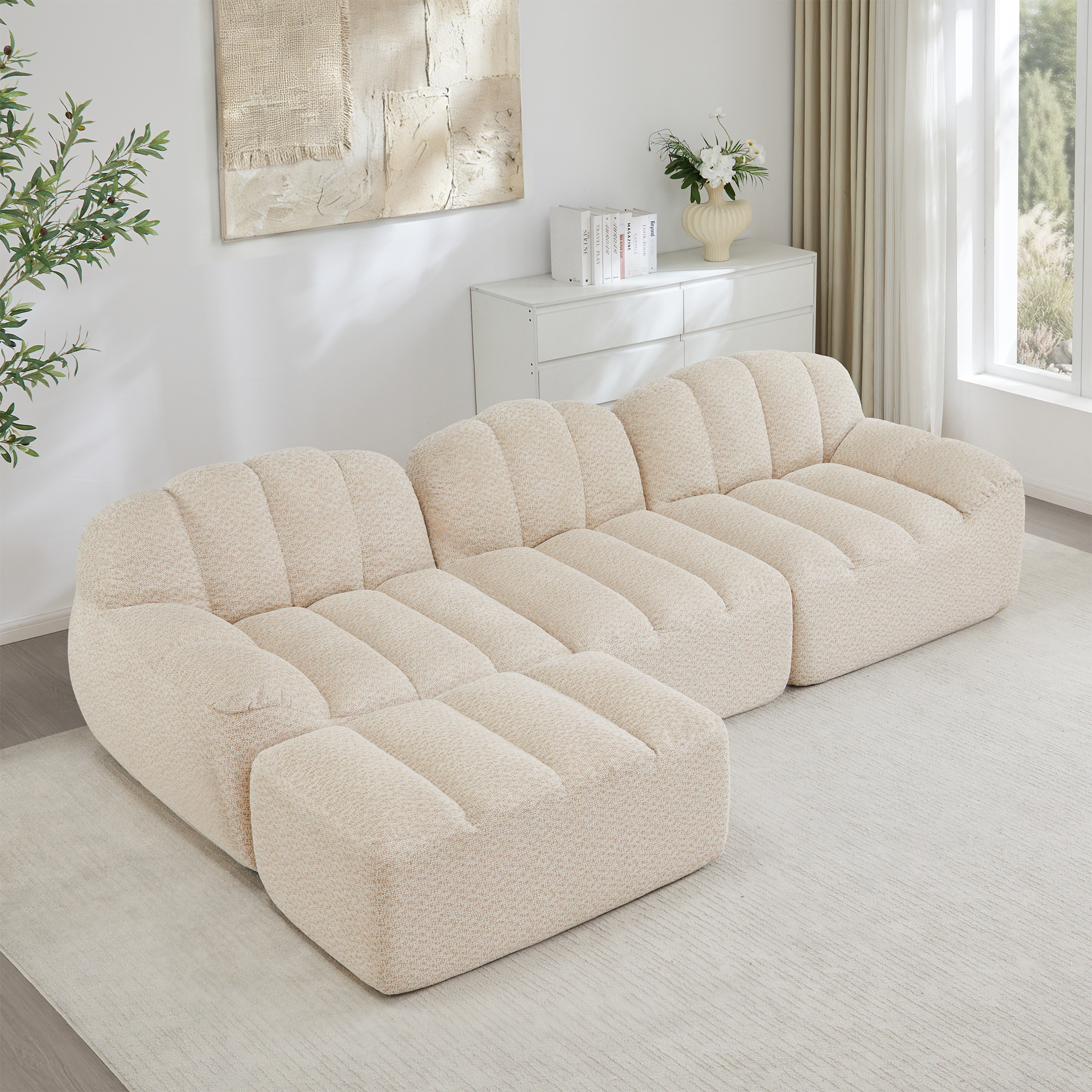 Canapé modulaire 3 places en L beige blanc avec ottoman, sans structure rigide