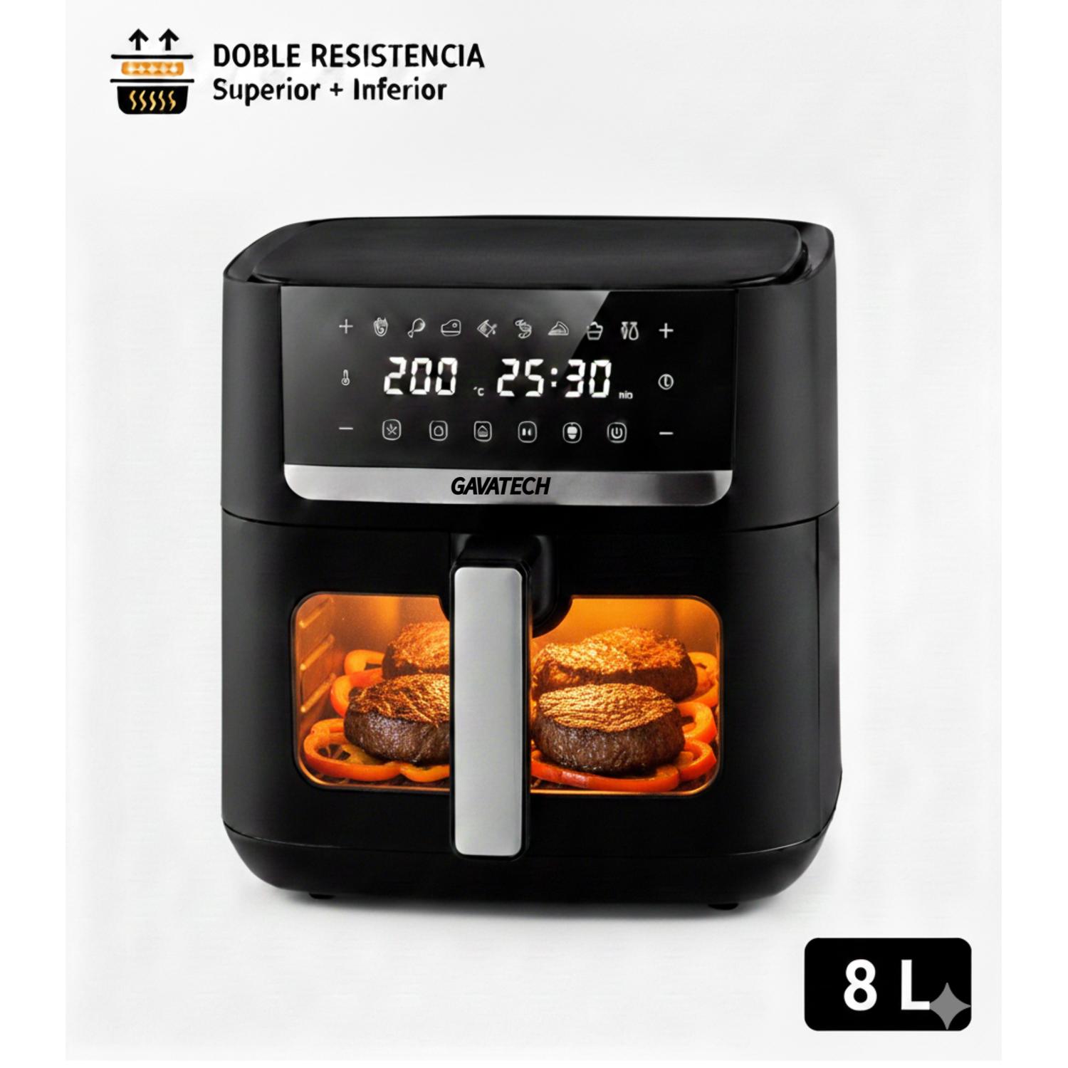 GAVATECH  Freidora de Aire 8L, 1800W de Alta Potencia, Doble Resistencia (Calor Superior e Inferior), Ventana de Visualización, Panel Táctil LED y Cesta Antiadherente.