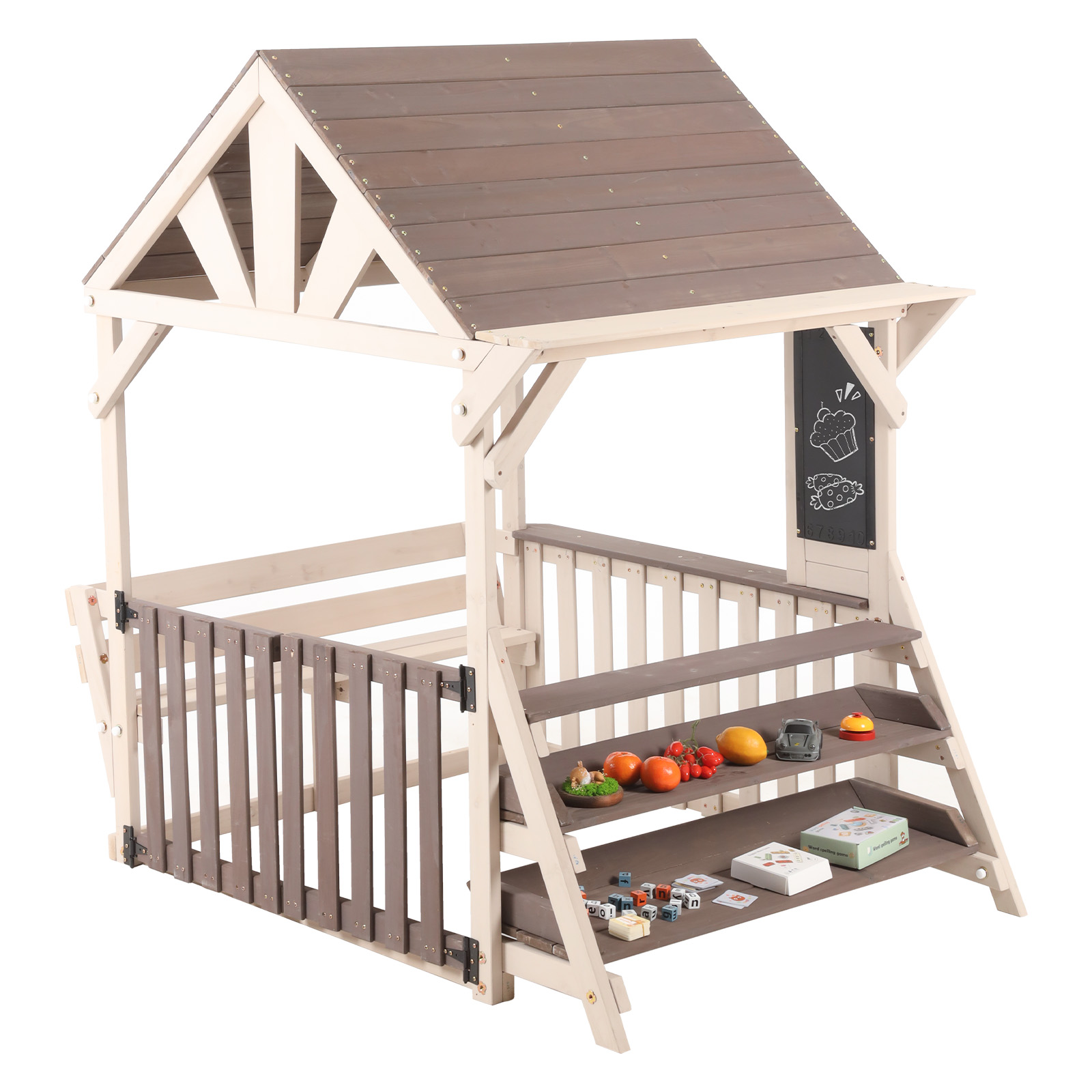 Cuisine d’extérieur en bois pour enfants avec toit, étagère de rangement et garde-corps
