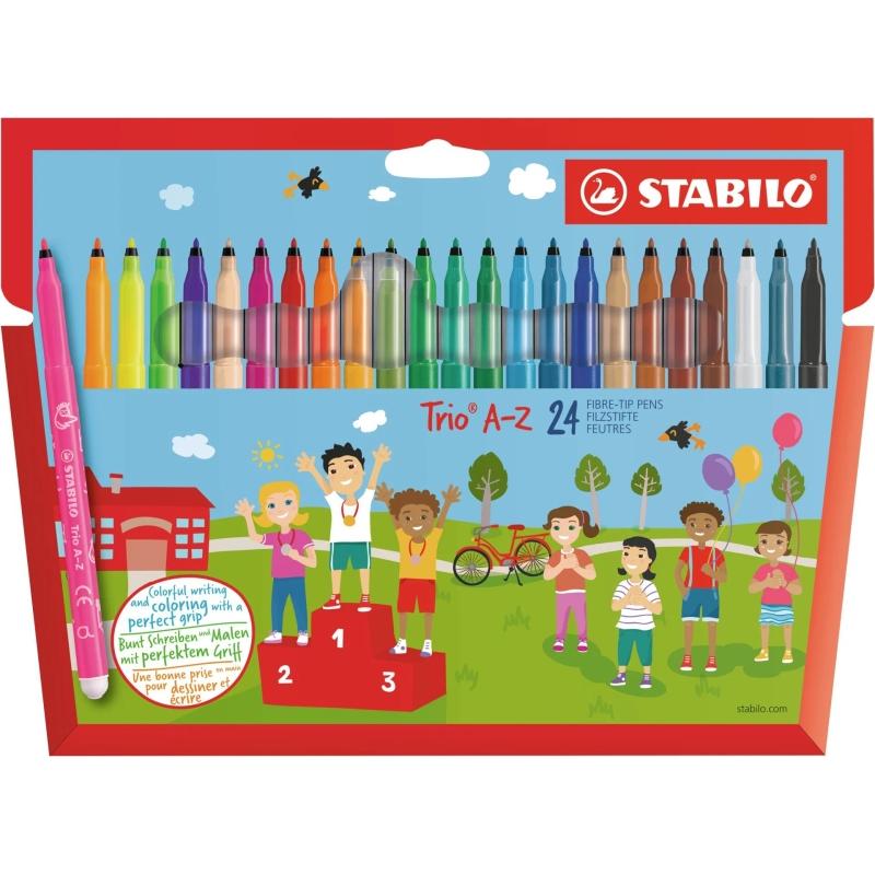 Stabilo trio a-z pack con 24 rotuladores de punta fina de fibra - trazo 0.7mm - tinta lavable - zona de agarre triangular - colores surtidos