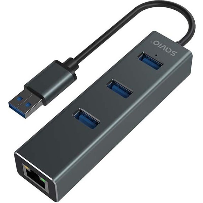 Savio AK-57 USB-A - HUB 3 x USB-A con adaptador RJ-45 Gigabit Ethernet, 5000 Mbit/s, gris