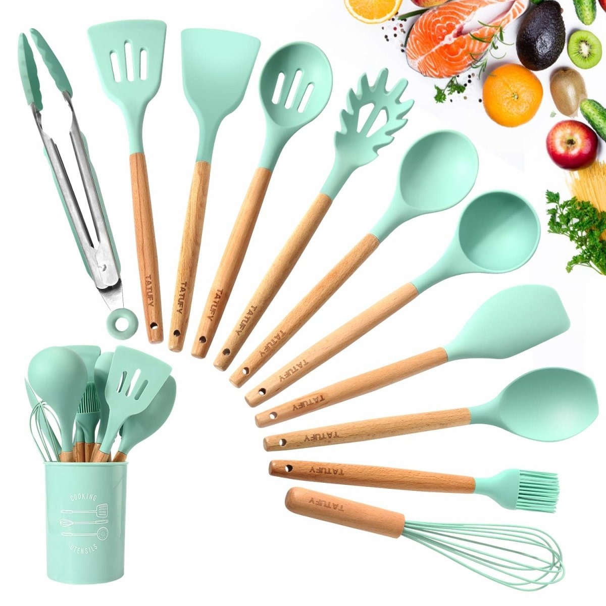 Sweet Home - Juego de 11 Utensilios de Cocina de Silicona antiadherentes con mango de madera, pala, espátula y más