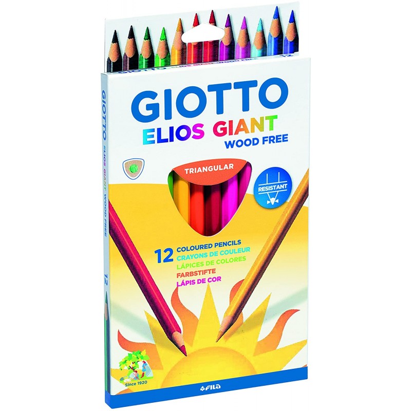 Giotto - Giotto Elios Giant Wood Free Pack de 12 Lapices Triangulares de Colores - Sin Madera - Mina 5 mm - Colores Surtidos-F221500