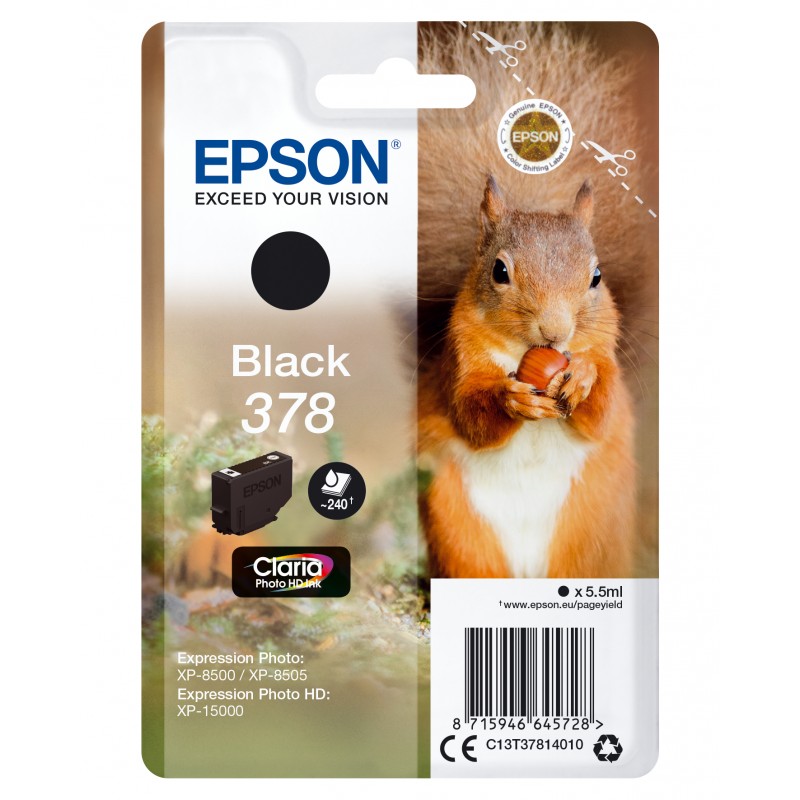 Epson - Squirrel Singlepack Black 378 Claria Photo HD Ink C13T37814010