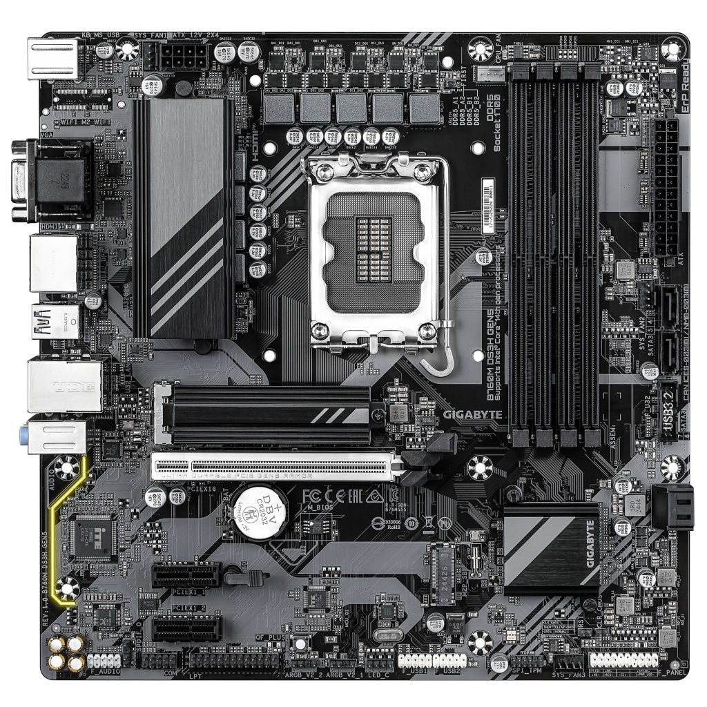 Gigabyte - Placa base B760M DS3H GEN5 para procesadores Intel Core de 14ª generación, compatible con DDR5, VRM 6+2+1 fases y PCIe 4.0, ideal para gaming y trabajo intensivo
