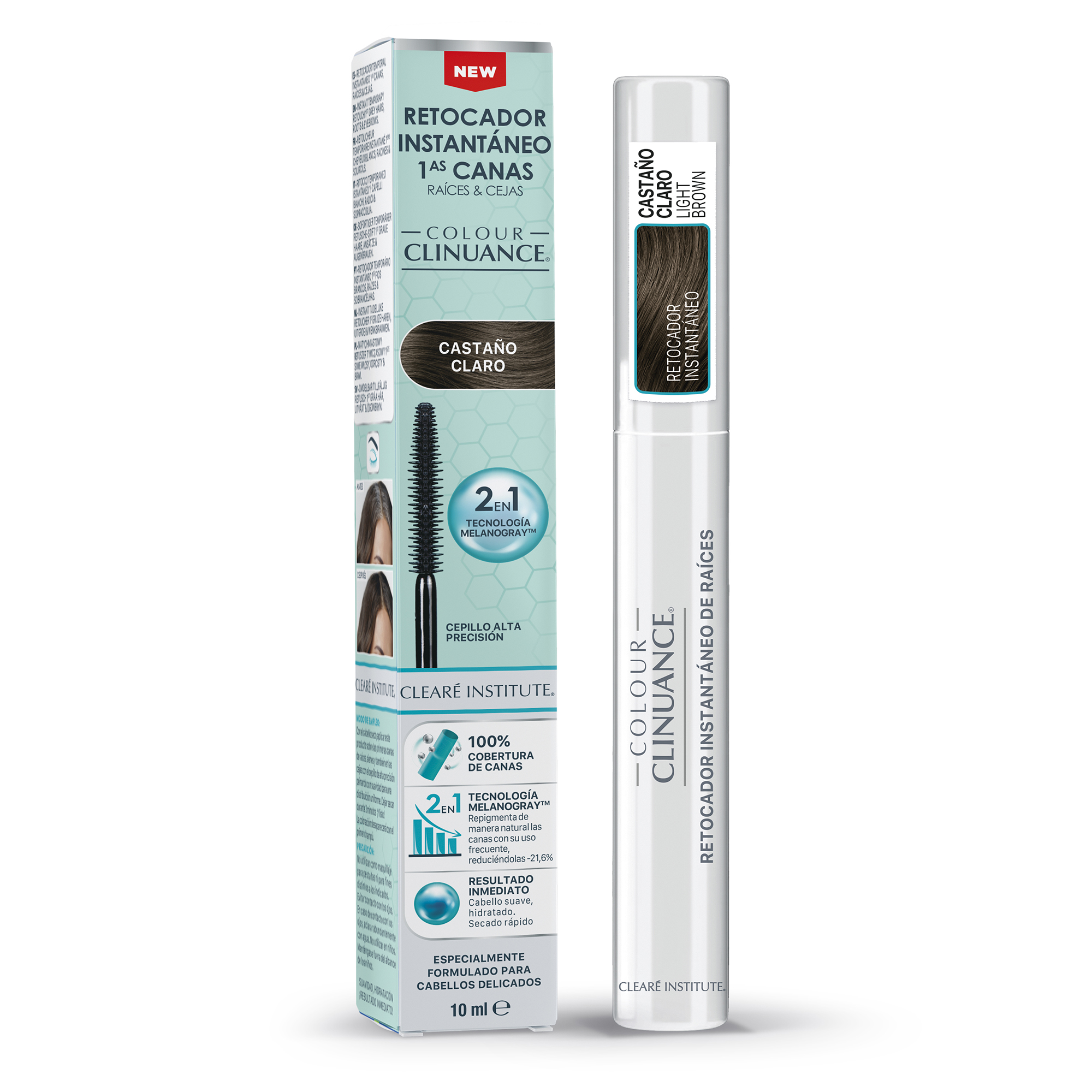 Clearé Institute Colour Clinuance Retocador Temporal Instantáneo de Primeras Canas, Raíces y Cejas | Cubre al 100% las canas | Previene la aparición de futuras canas | Aplicación fácil y rápida en solo 3 minutos | Disponible en 4 tonos - 10ml