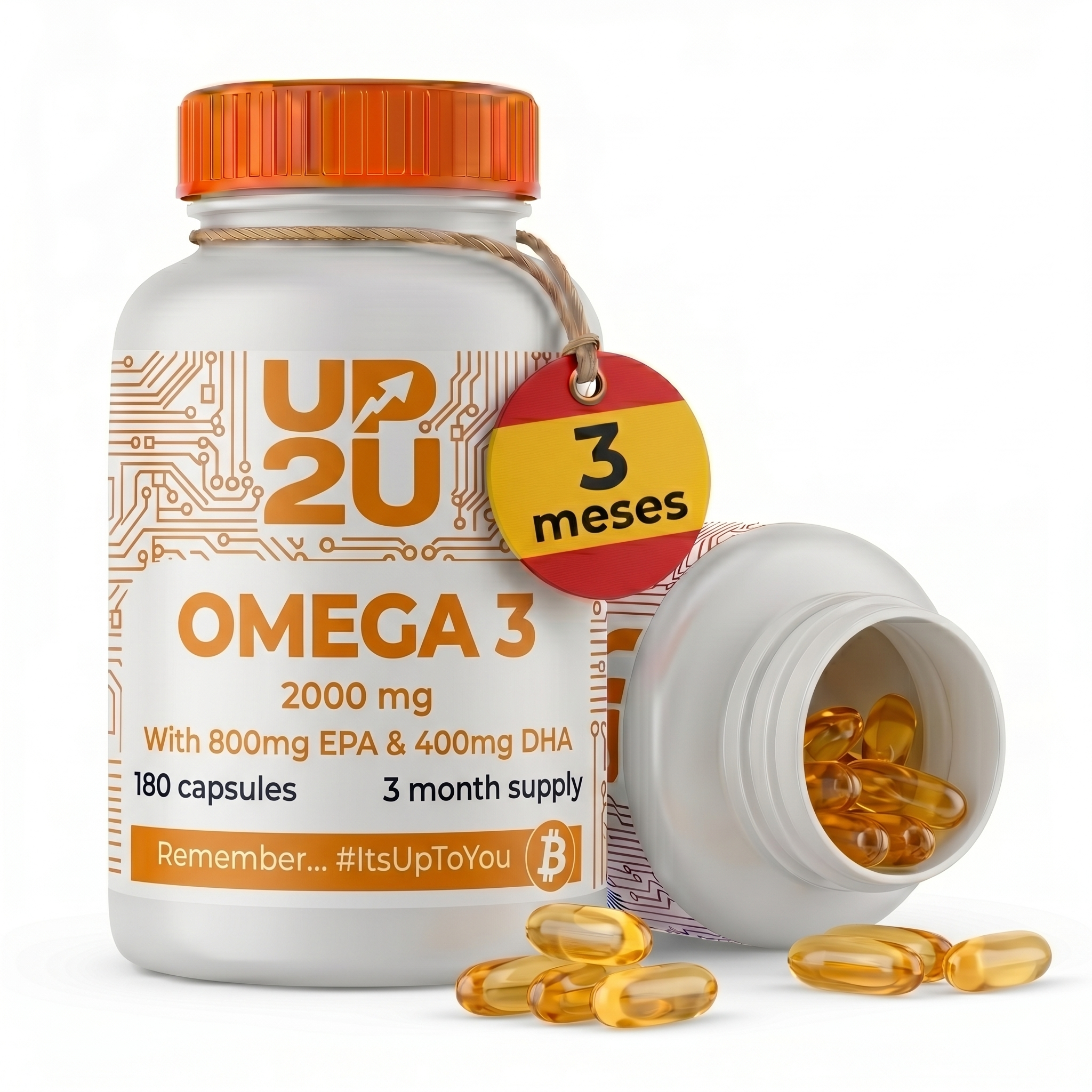 Omega 3 UP2U Nutrition – 180 Cápsulas – 800 mg EPA y 400 mg DHA por Dosis – Con Vitamina E – Aceite de Pescado – Fabricado en España