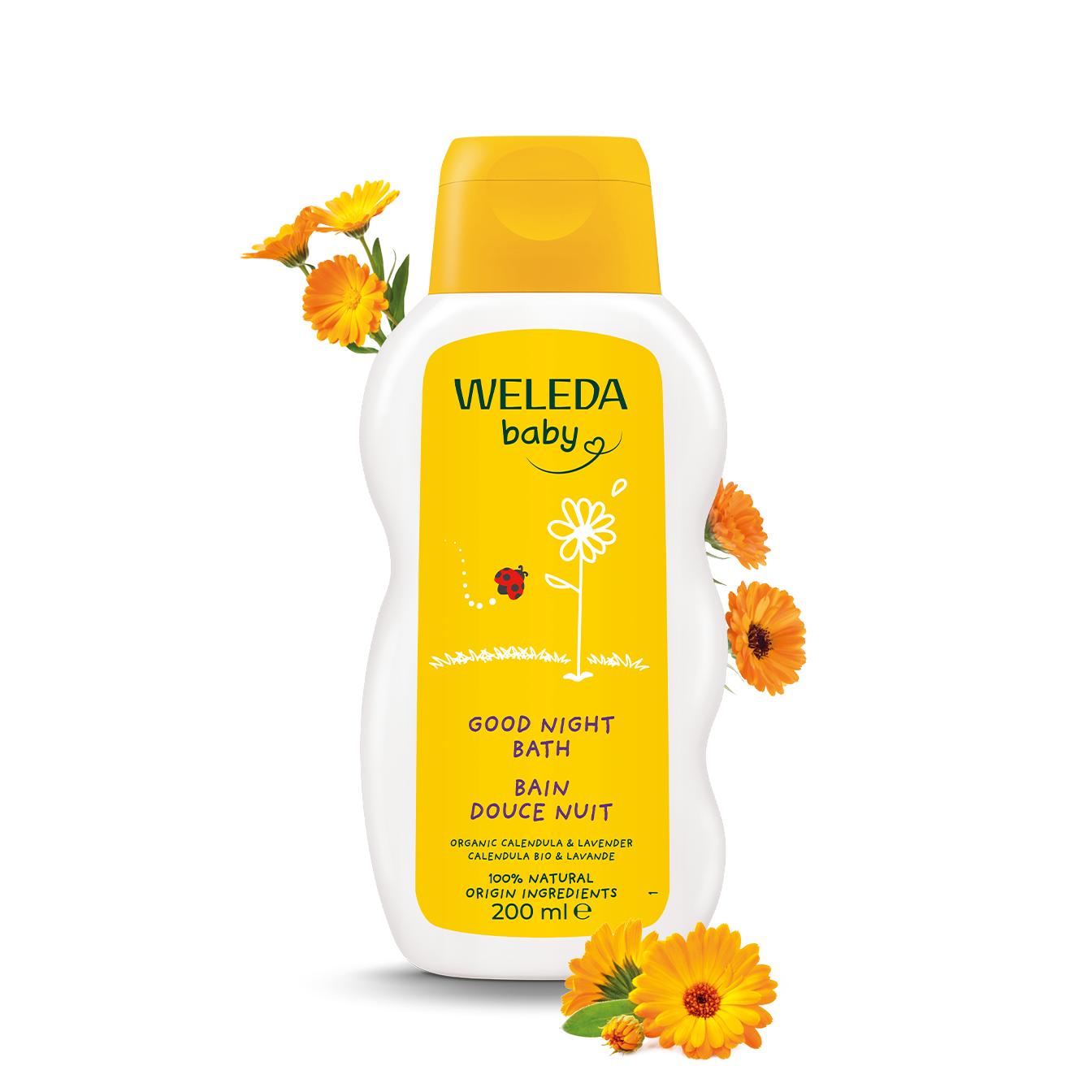 Weleda – Baño de Caléndula Buenas Noches para Bebé, Rutina de Sueño Relajante con Lavanda y Caléndula BIO, Higiene Natural y Suave Sin Aclarado con Aceites Vegetales – 200 ml