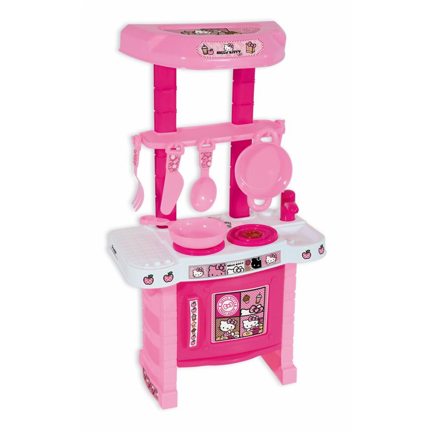 Hello Kitty - Cocina de juguete para niños a partir de 1 año, con horno, fregadero, grifo, encimera, campana y estantes, en plástico rosa (modelo 9373)