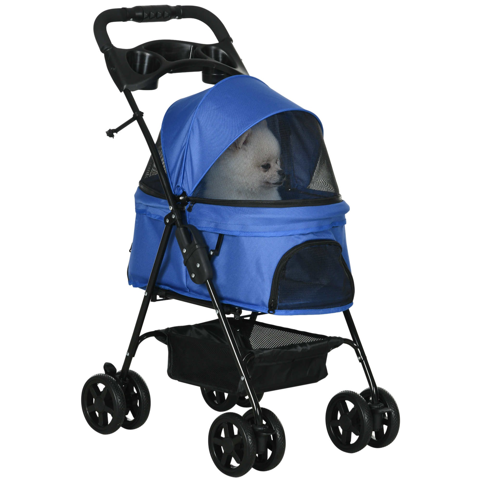 PawHut Cochecito para Mascotas Plegable Carrito para Perros Desmontable Acero Tela Oxford Ruedas Giratorias Frenos Ventana para Perros Gatos Pequeñitos 67x45x96 cm