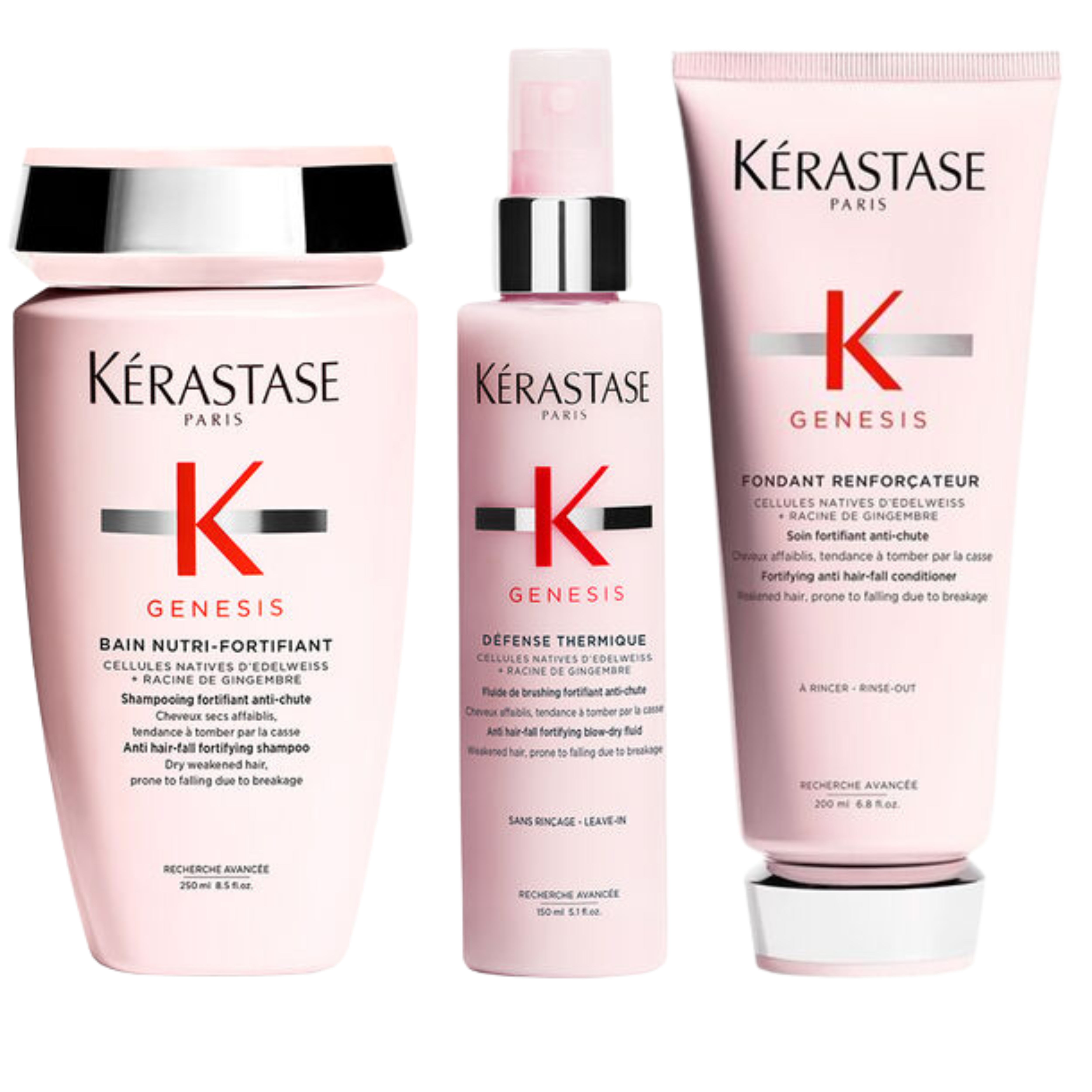 Pack Kérastase Genesis Bain Hydra-Fortifiant 250ml + Fondant Renforçateur 200ml + Défense Thermique 150ml – Cabello Fino y con Tendencia a la Caída