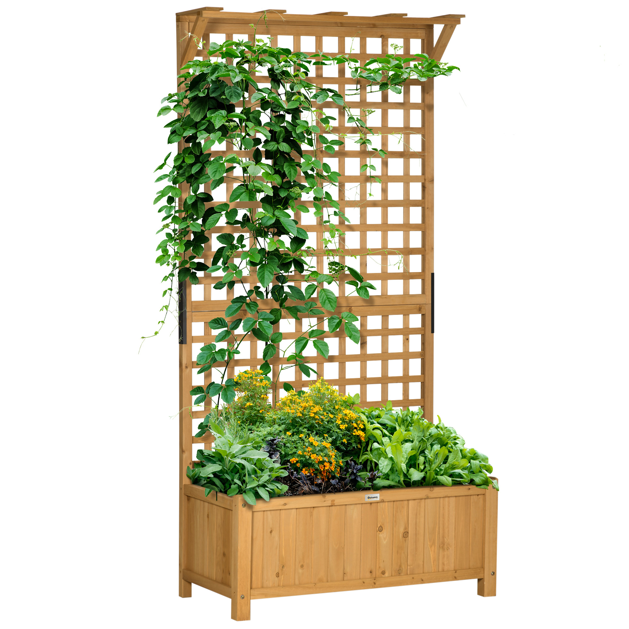 Outsunny Jardinera con Enrejado de Madera Macetero de Jardín con Soporte para Trepadora Cultivo de Plantas Flores Jardinera con Celosía para Patio Terraza 90x45x183 cm