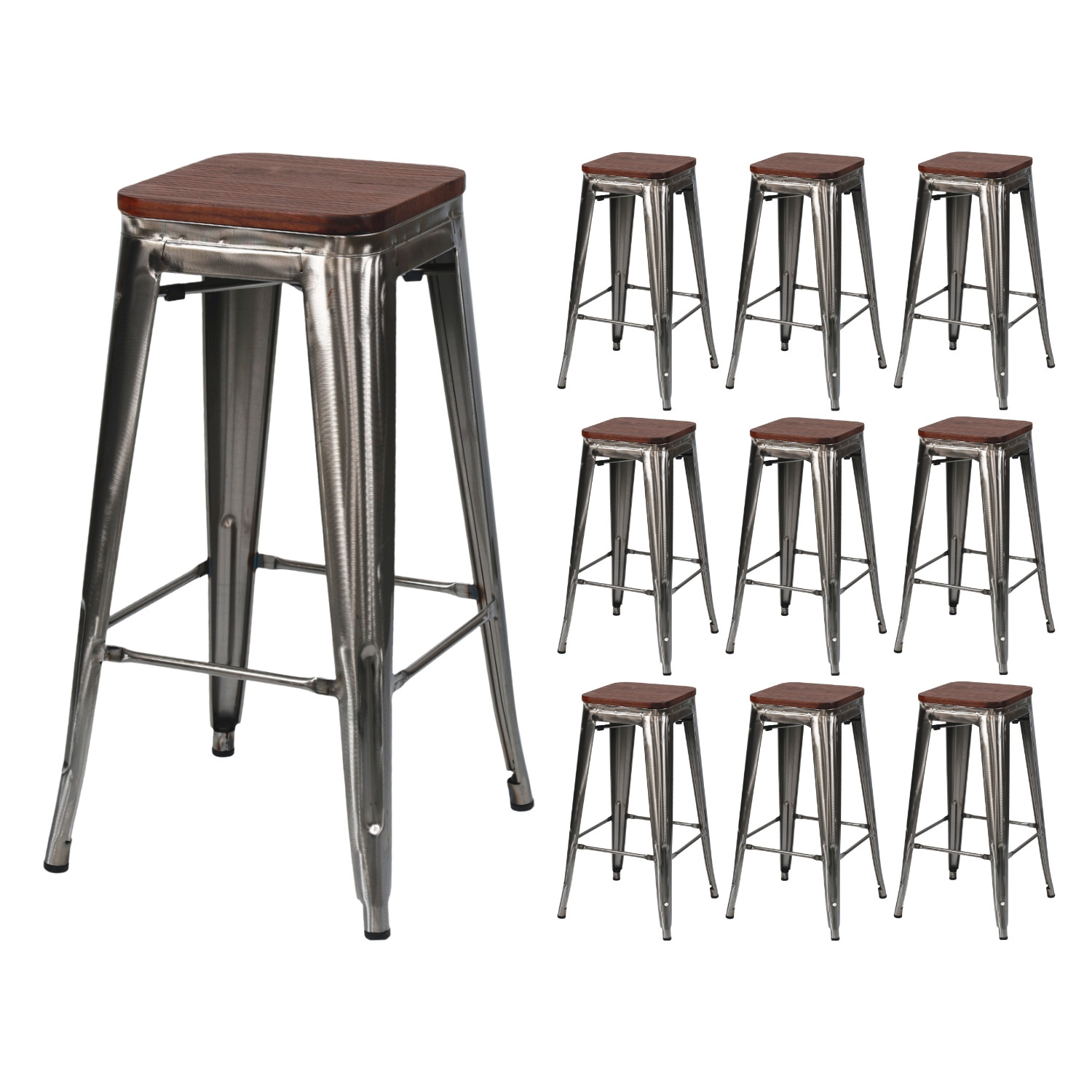 Pack 10 Taburetes Medios Industriales Apilables de Acero y Madera 43x43x76cm Thinia Home