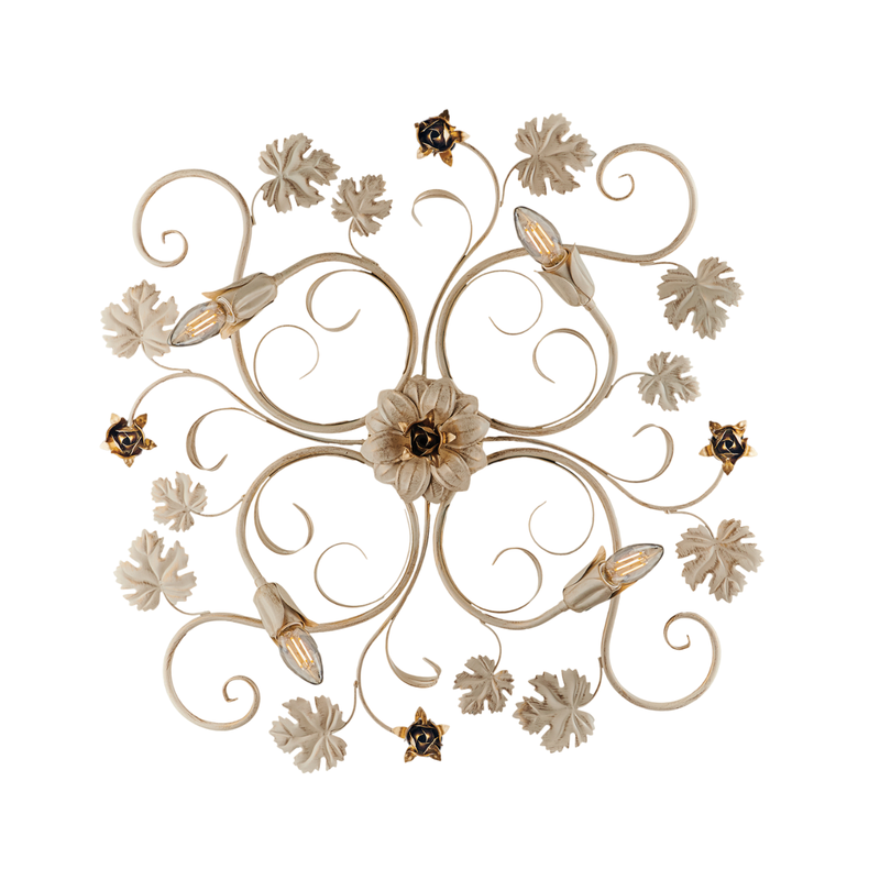 Iris - Lámpara de techo en hierro lacado marfil con decoración. Oro antiguo 4 luces H.17 - Ø76 - BL169-PL4-AV - Belight