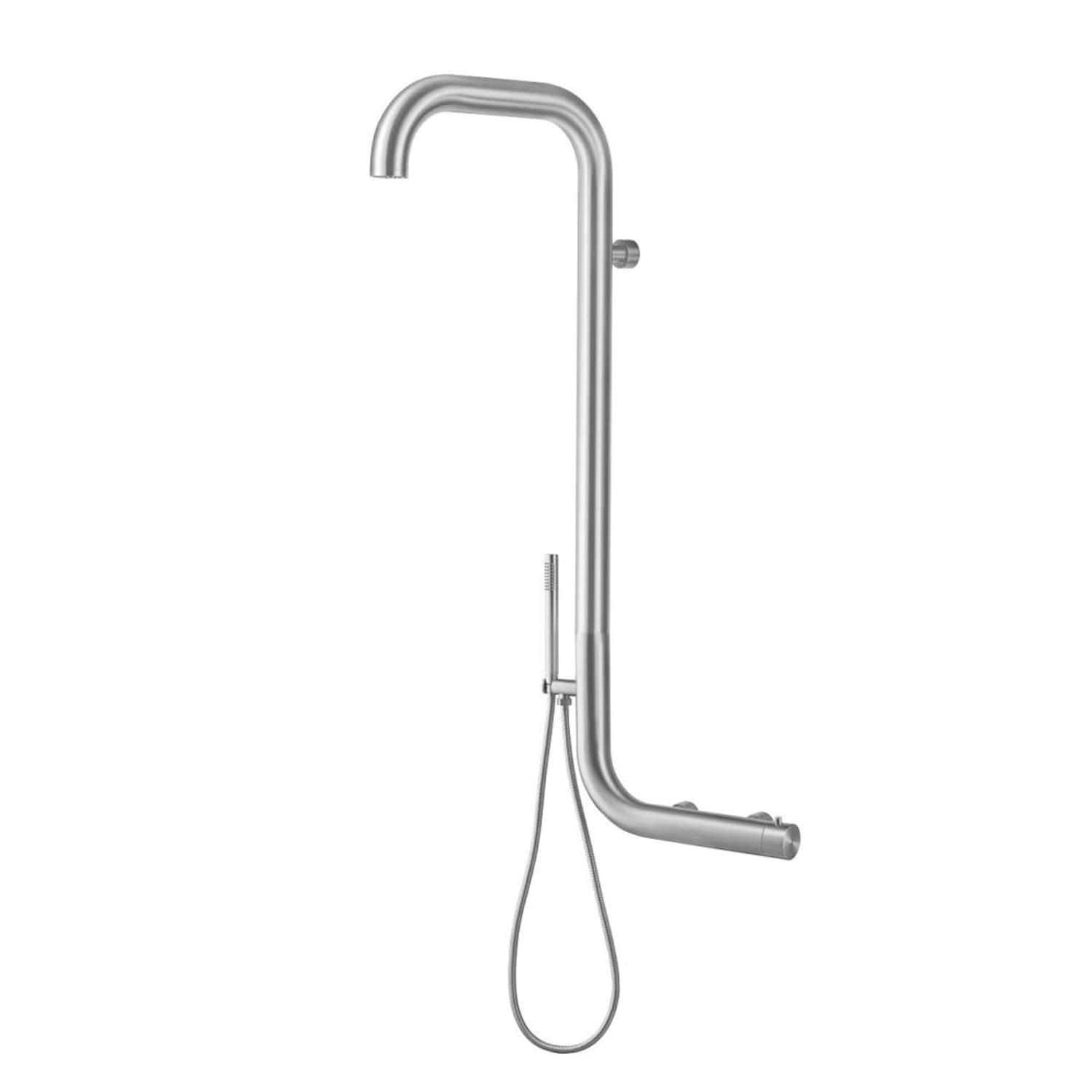 SINED Ducha Exterior de Pared en Acero Inoxidable AISI 316L Satinado con agua caliente y fría doble mezclador para ducha de mano y rociador incluye válvula de tres vías Modelo DOCCIA ARBOREA INOX