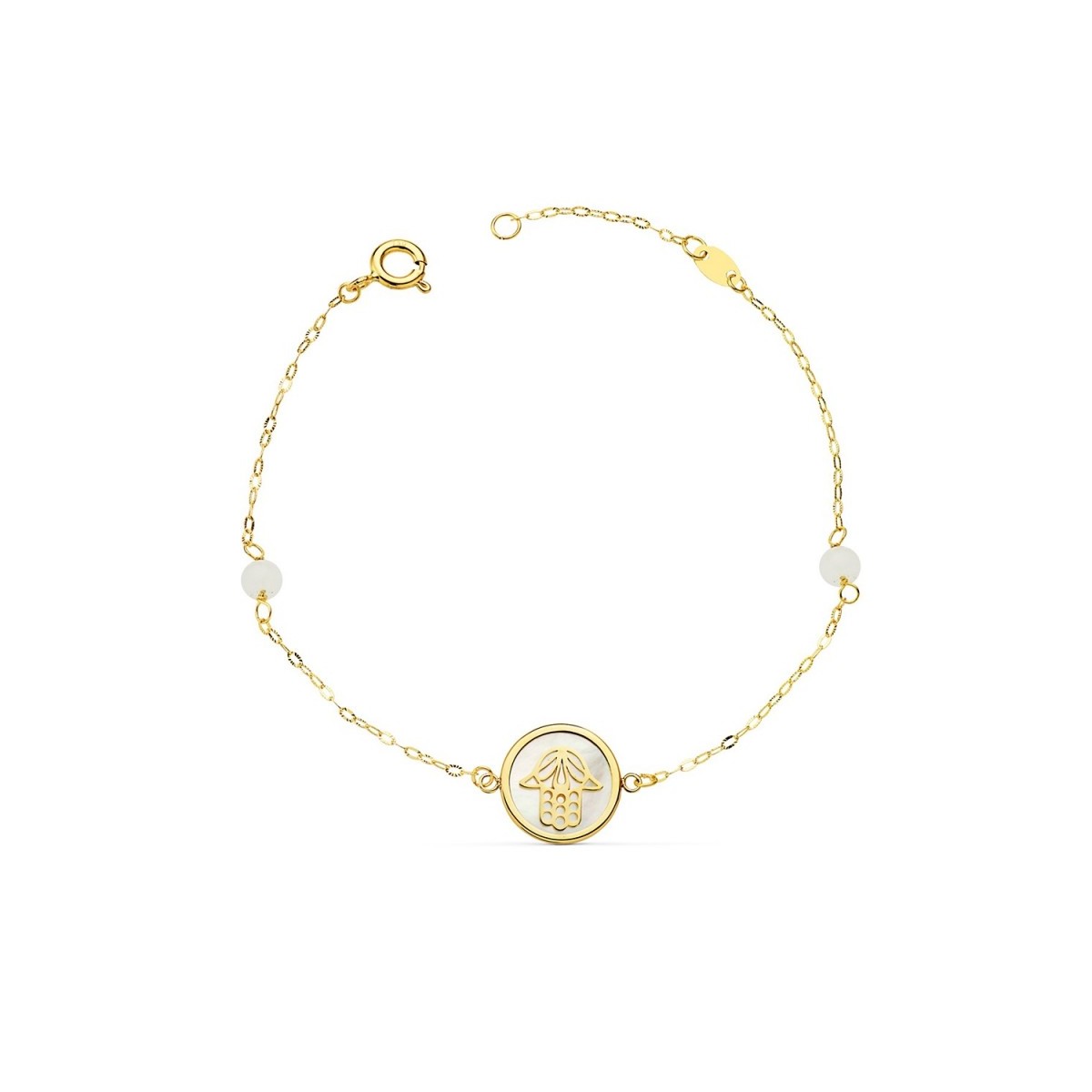 Pulsera oro 18k forzada 18cm. Mano Fátima 12mm. nácar bolas jade 4mm. cierre reasa mujer