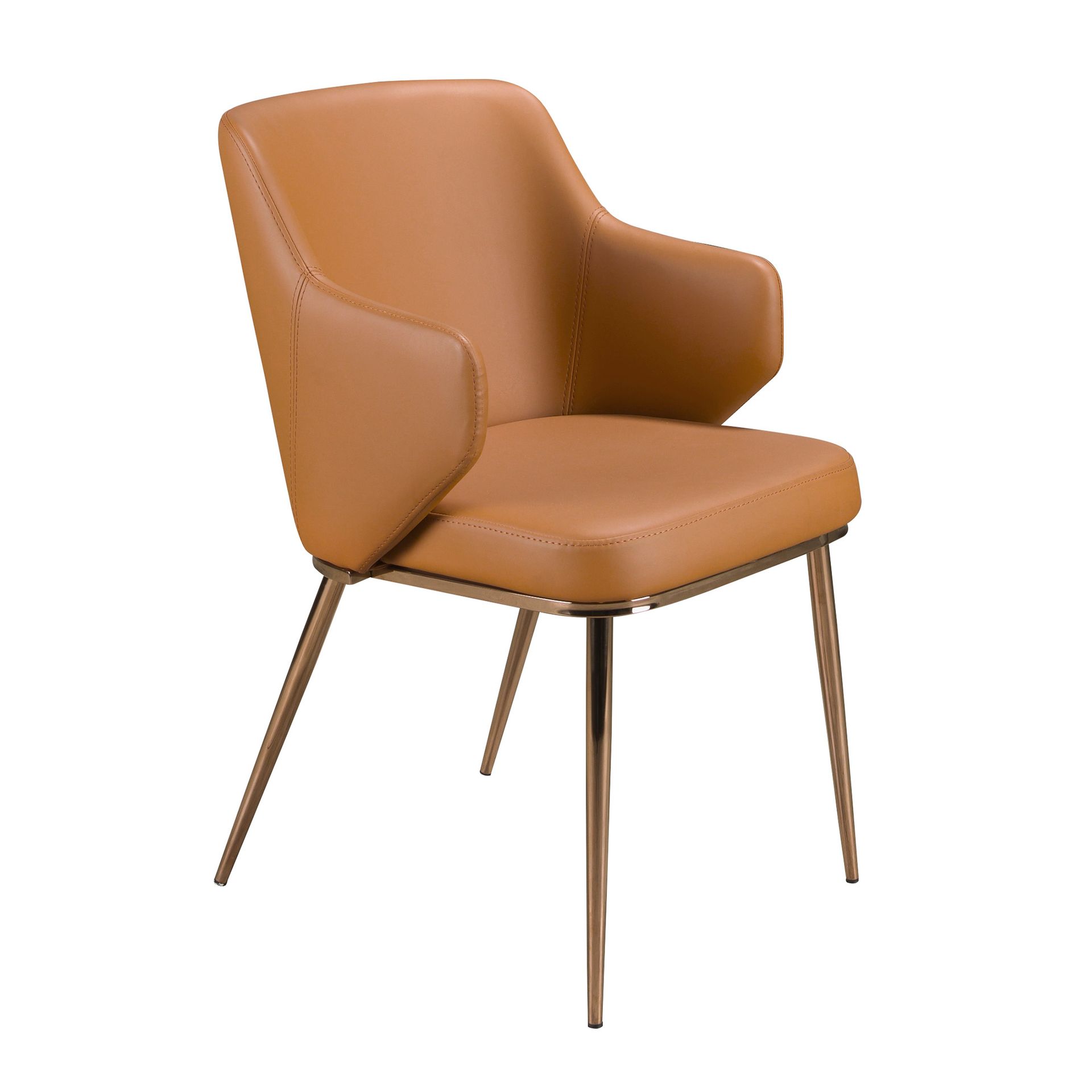 Ángel Cerdá - Silla 4162 con Reposabrazos Tapizada en Polipiel Marrón + Patas de Acero Cromado Color Oro Rosa + Diseño Moderno y Cómodo + Pack de 2 Sillas + 51x62x80 cm