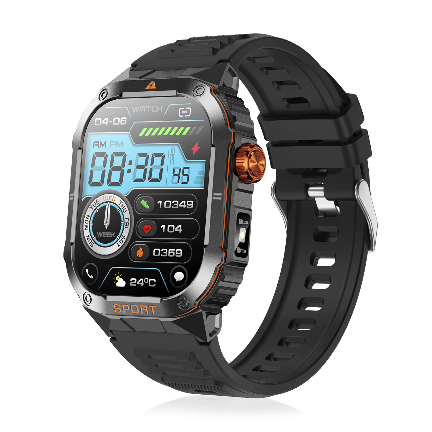 DAM Smartwatch D16 con corona multifunción inteligente, más de 100 modos deportivos, monitoreo de salud y linterna. 4,6x1x5,7 Cm. Color: Negro