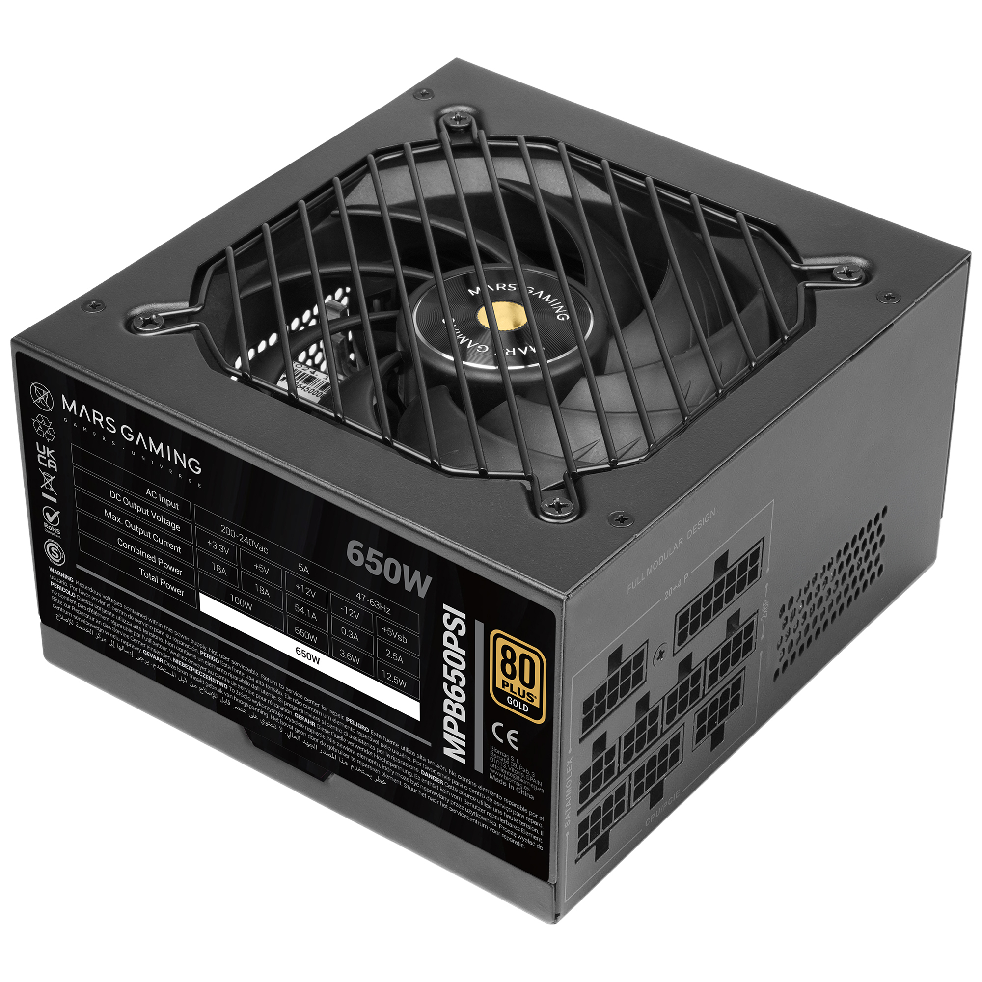 Mars Gaming MPB650PSI, Fuente de Alimentación PC Full Modular 650W, 10 Años de Garantía, 80Plus Gold 90%, Ventilador SI Extreme Silence, Tecnologías AI2-RPM, DC-DC y SMD, ATX 3.1 y PCIe 5.1, Fuente PC Negra o Blanca