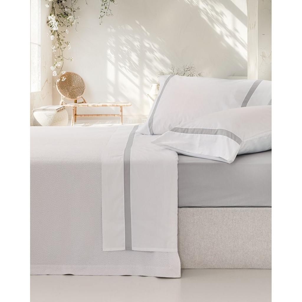 Juego de Sábanas 100% Algodón, Percal Peinado 200 Hilos, Color Blanco-Gris, Vidal Home