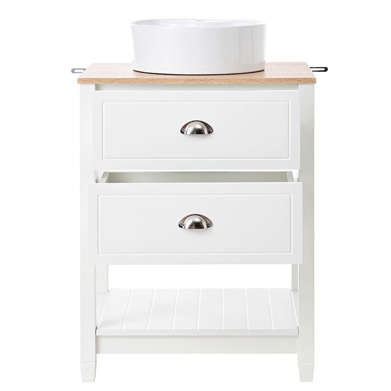 Meuble de salle de bains blanc et effet bois 60 cm avec vasque ronde en céramique, deux tiroirs et niche ouverte