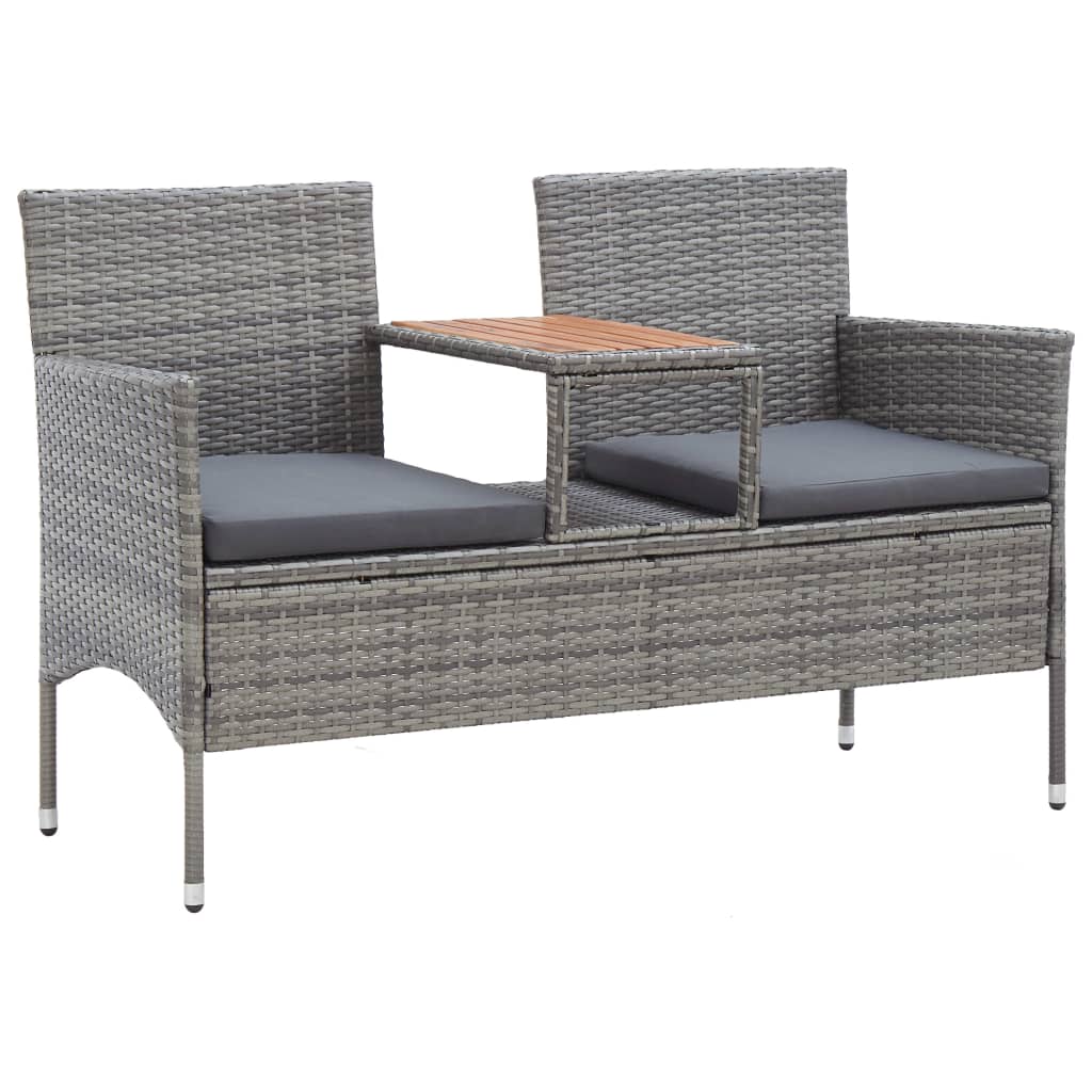 vidaXL Banco de jardín 2 plazas con mesita ratán sintético 143 cm en color Gris/Negro | estructura resistente ideal para salón dormitorio o estudio